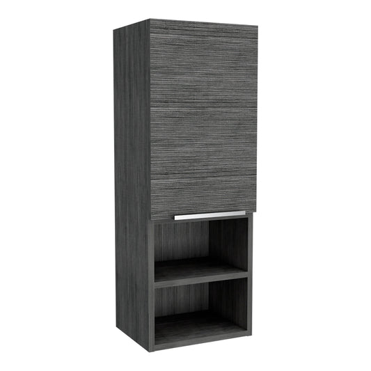 Tall dark grey wood veneer cabinet with open shelves and a cabinet door