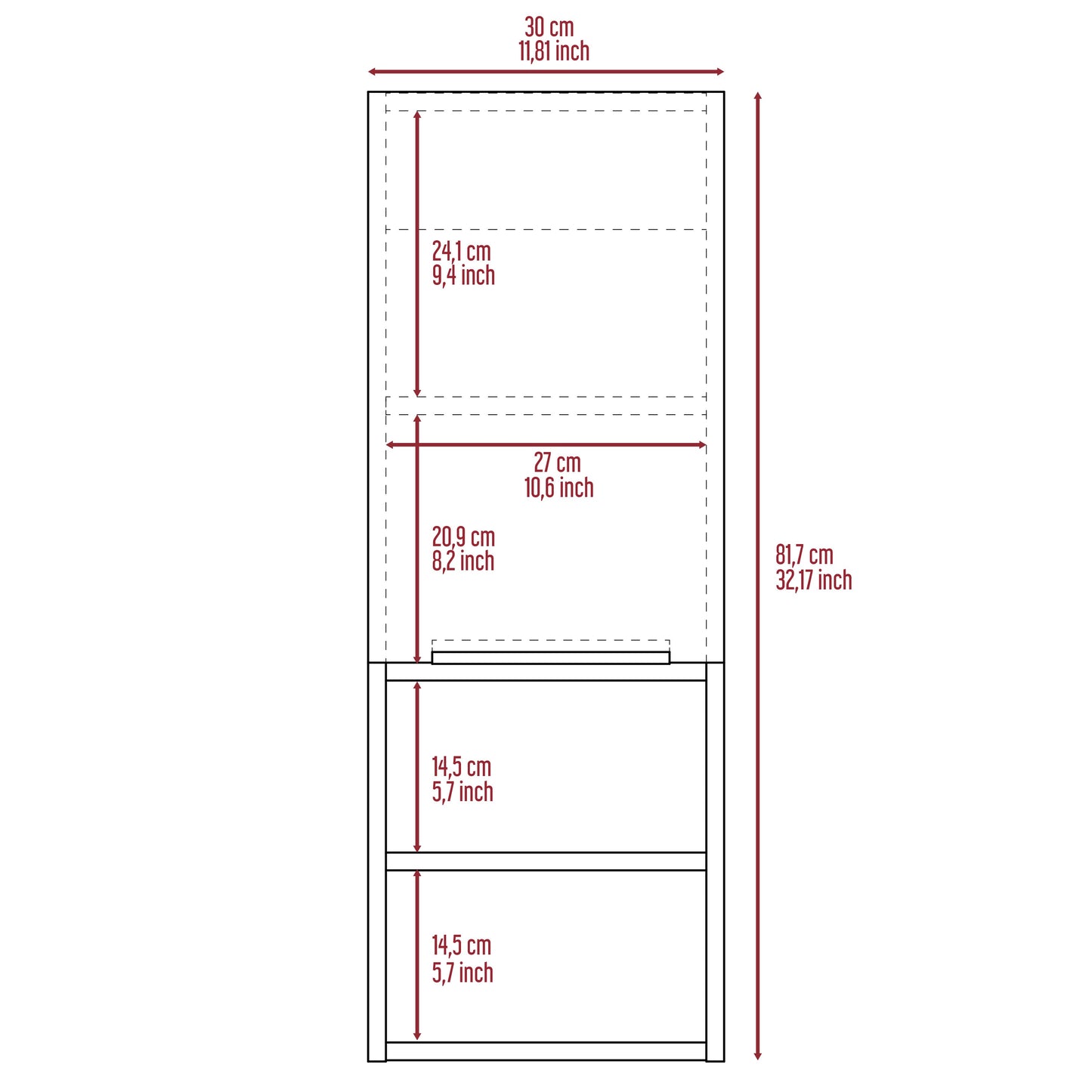 Line drawing of a narrow cabinet showing dimensions for width depth and height