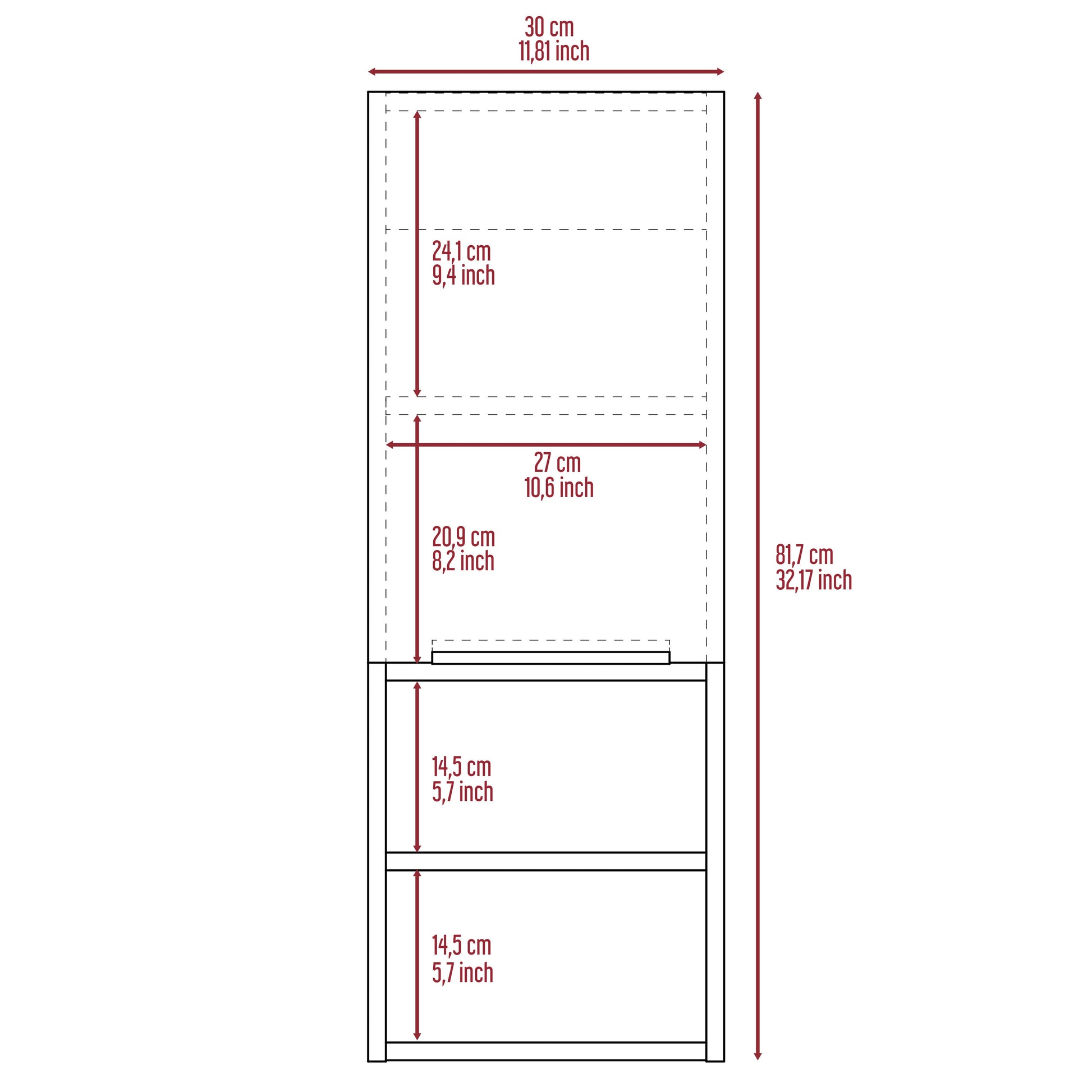 Line drawing of a narrow cabinet showing dimensions for width depth and height