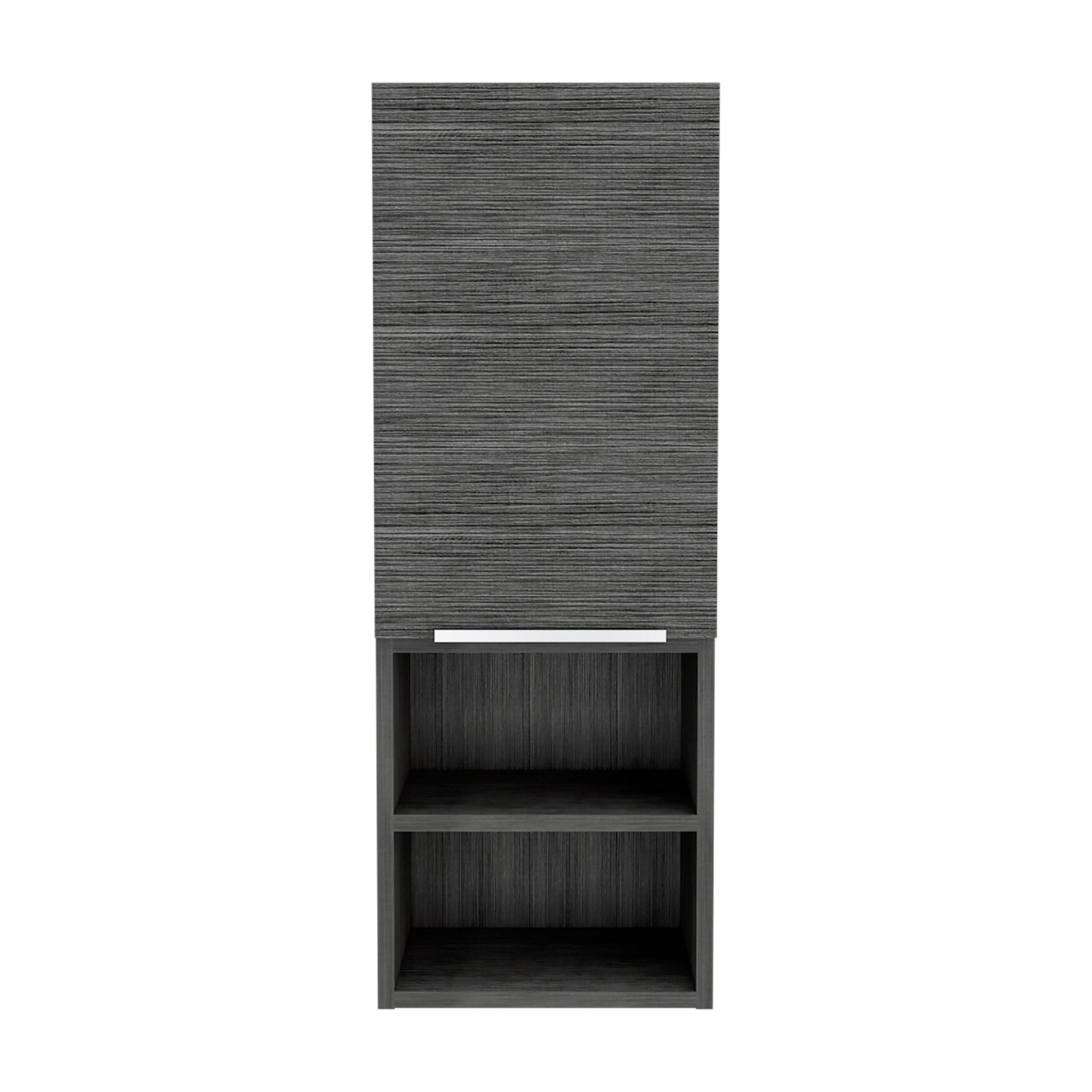 Sleek grey laminate tall cabinet with two open shelves below a closed compartment