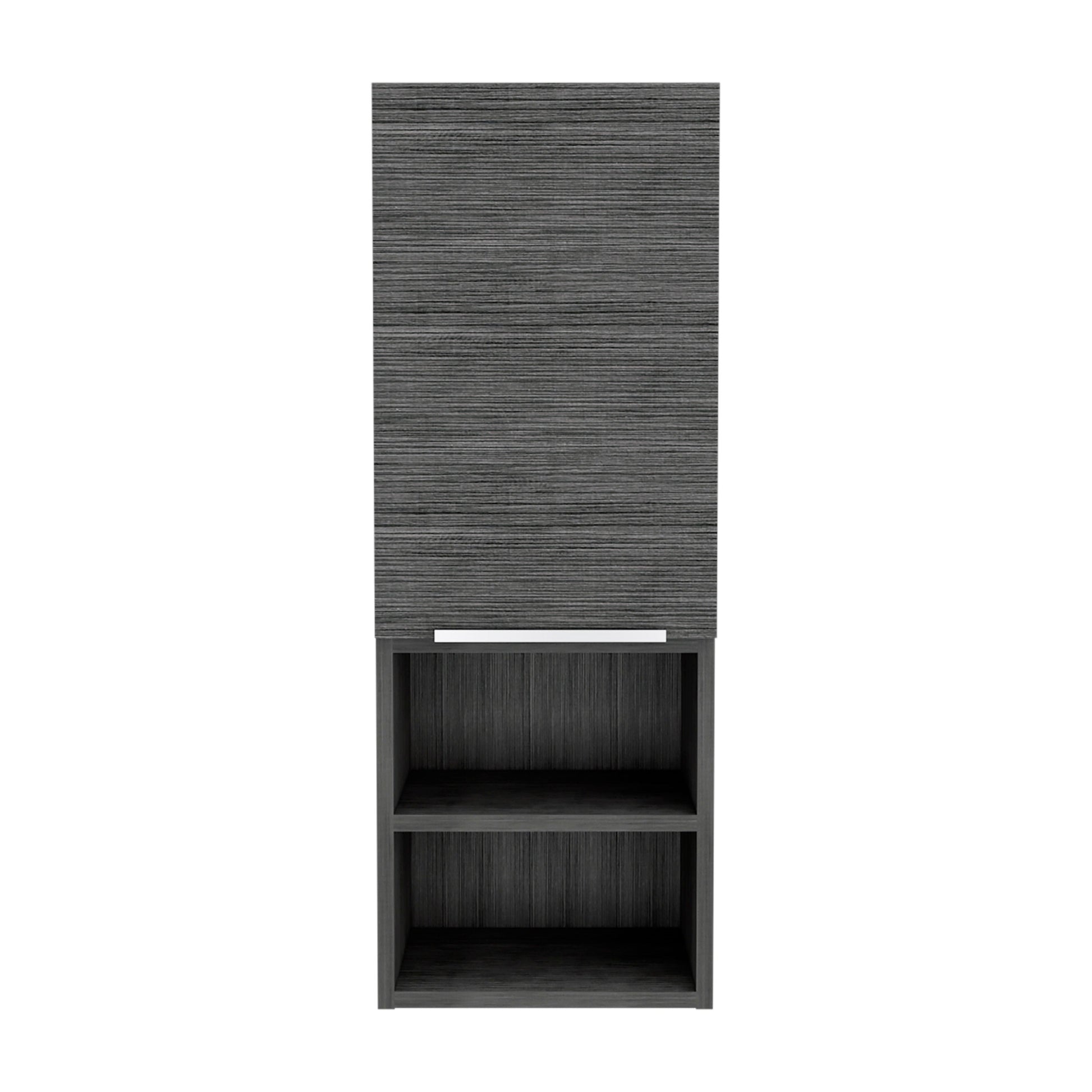 Sleek grey laminate tall cabinet with two open shelves below a closed compartment