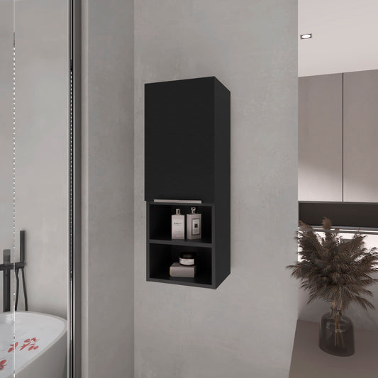 Modern black wallmounted bathroom cabinet with open shelves holding toiletries