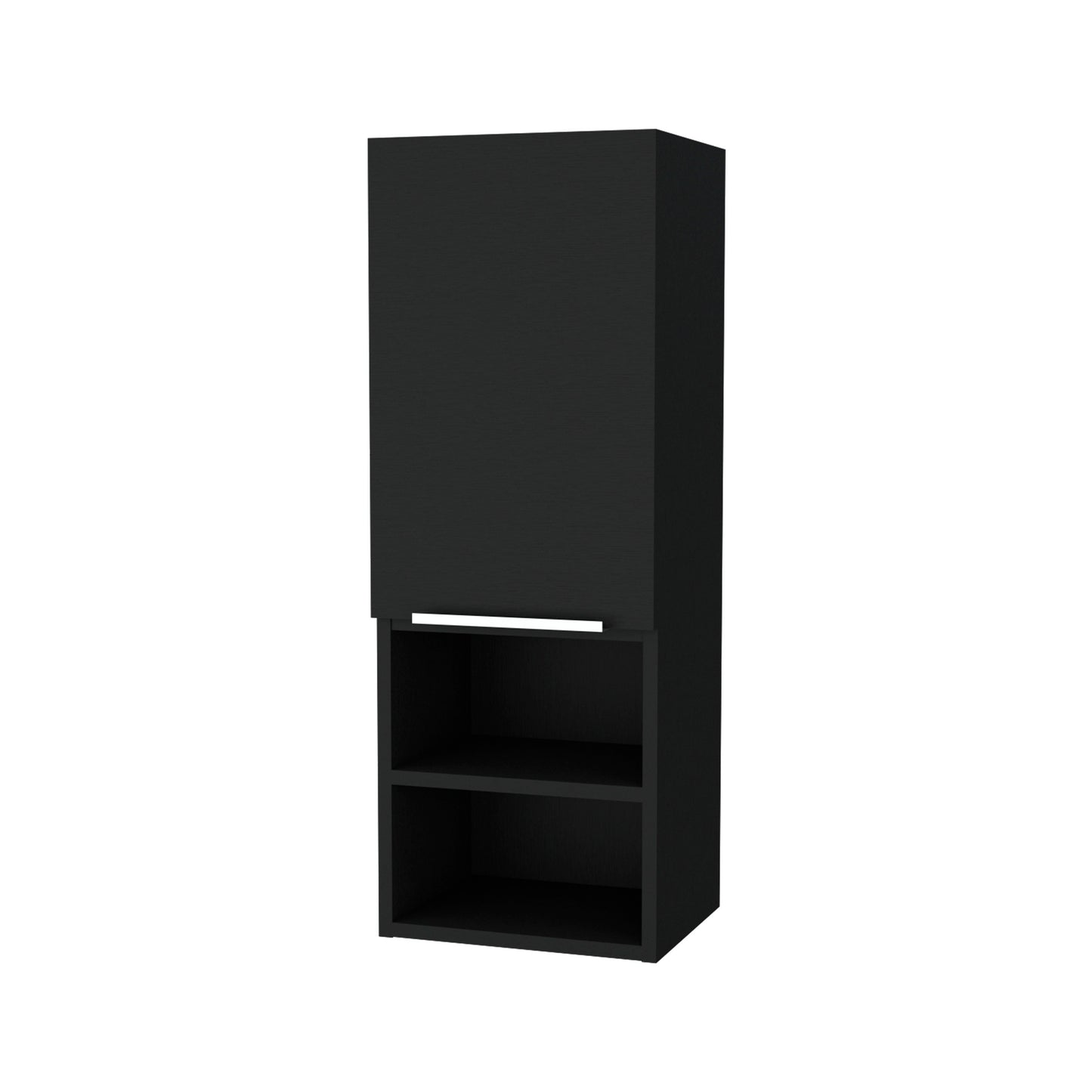 Sleek black wallmounted cabinet with two open shelves ideal for modern bathroom storage