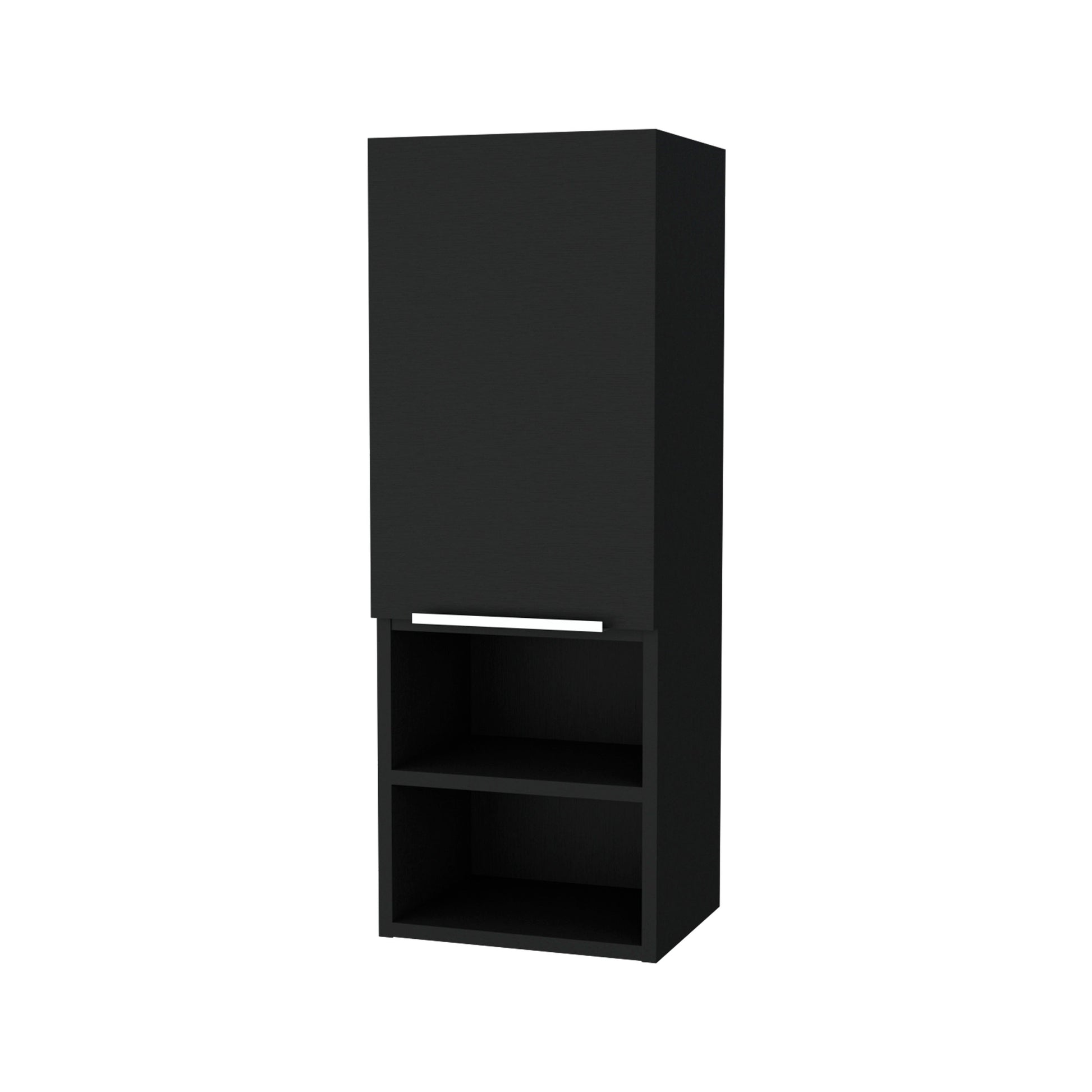 Sleek black wallmounted cabinet with two open shelves ideal for modern bathroom storage