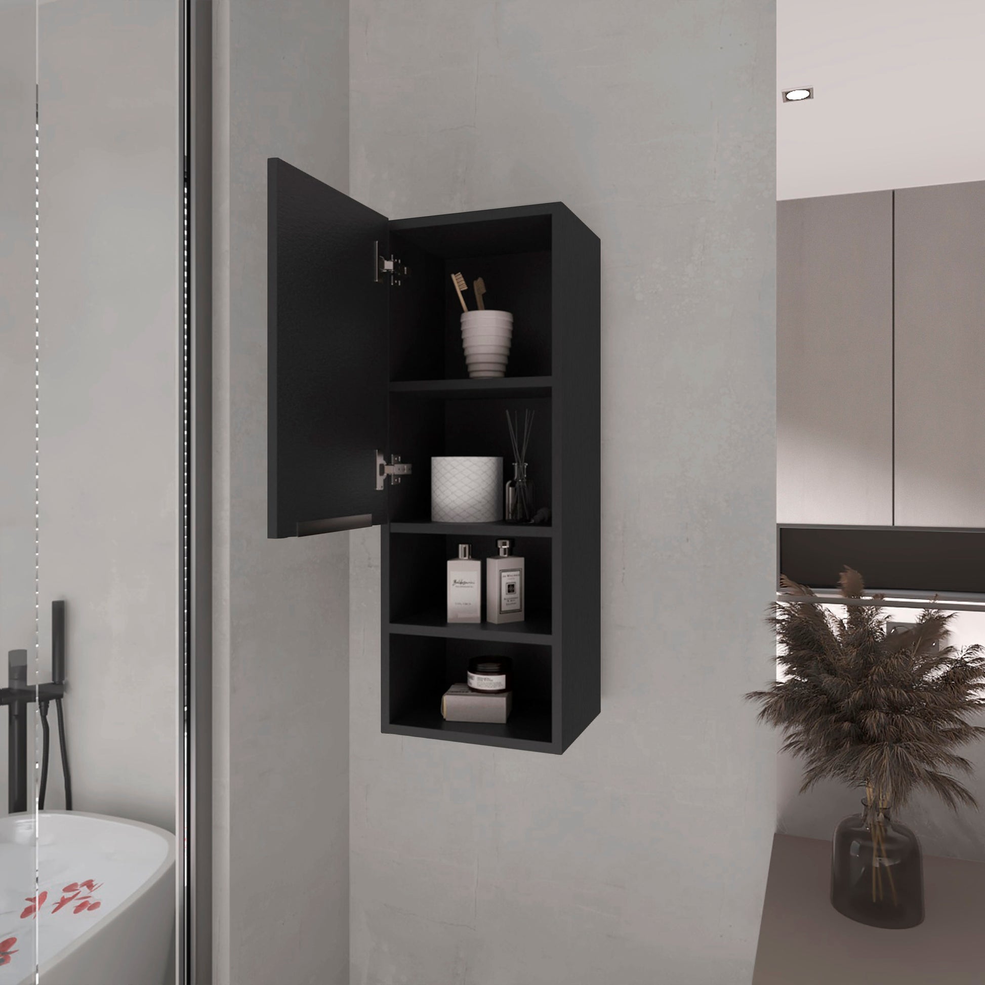 Sleek black modern bathroom medicine cabinet with open door revealing shelves with toiletries