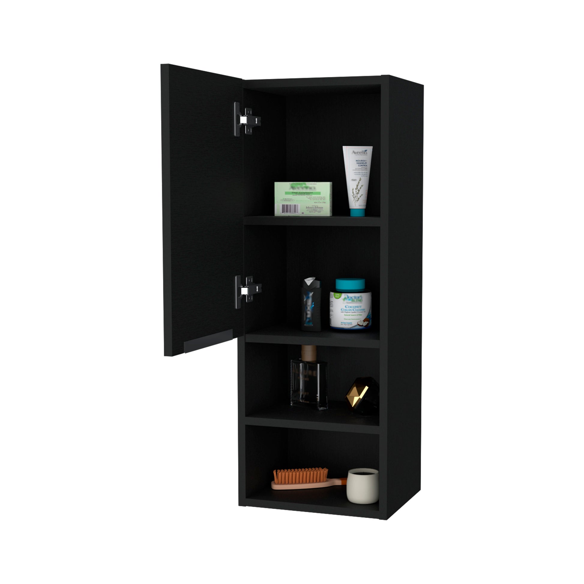 Black tall bathroom cabinet with open door displaying toiletries on shelves