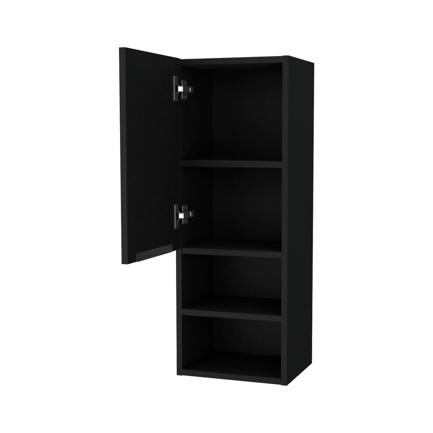 Black modern tall cabinet with open door and four shelves ideal for storage