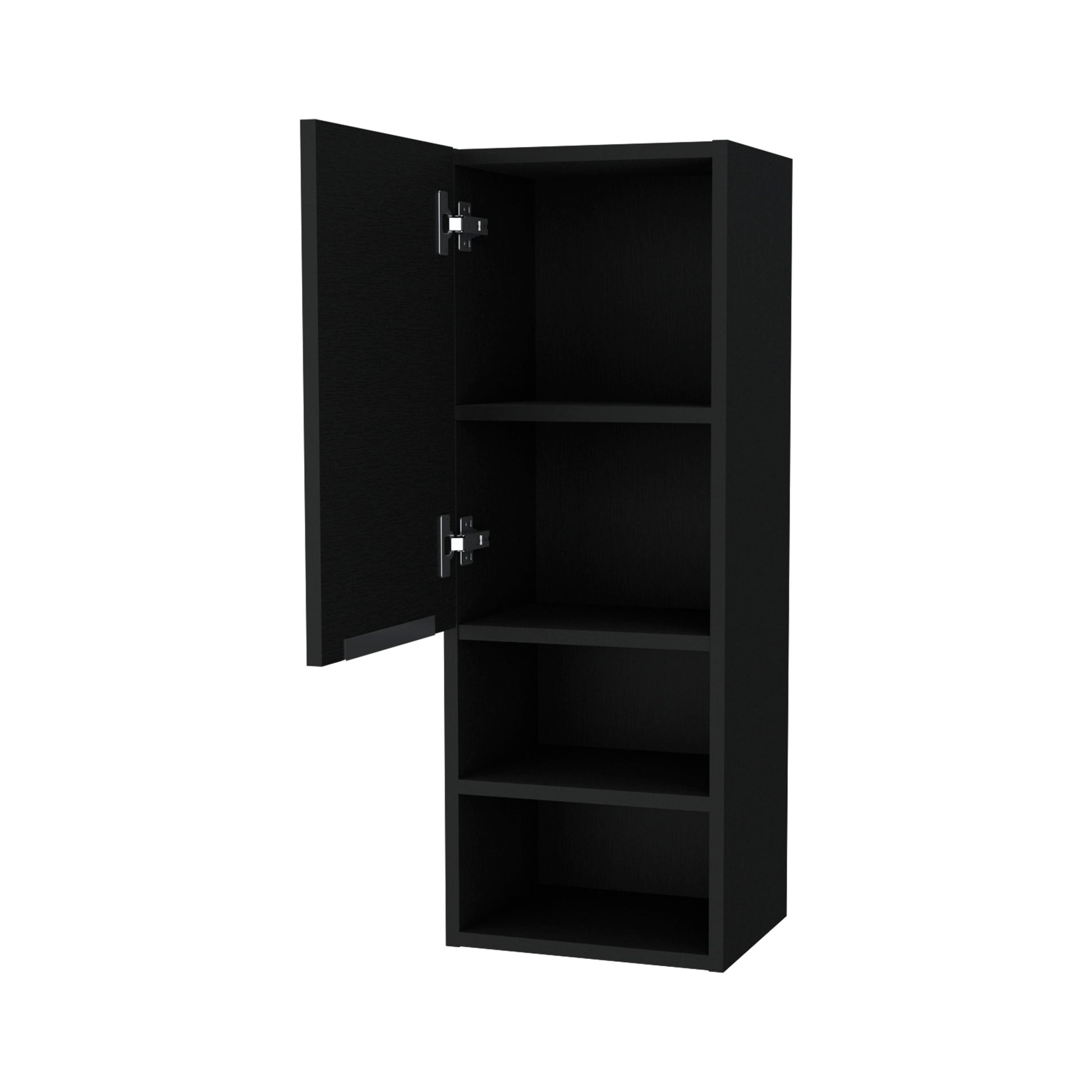 Black modern tall cabinet with open door and four shelves ideal for storage