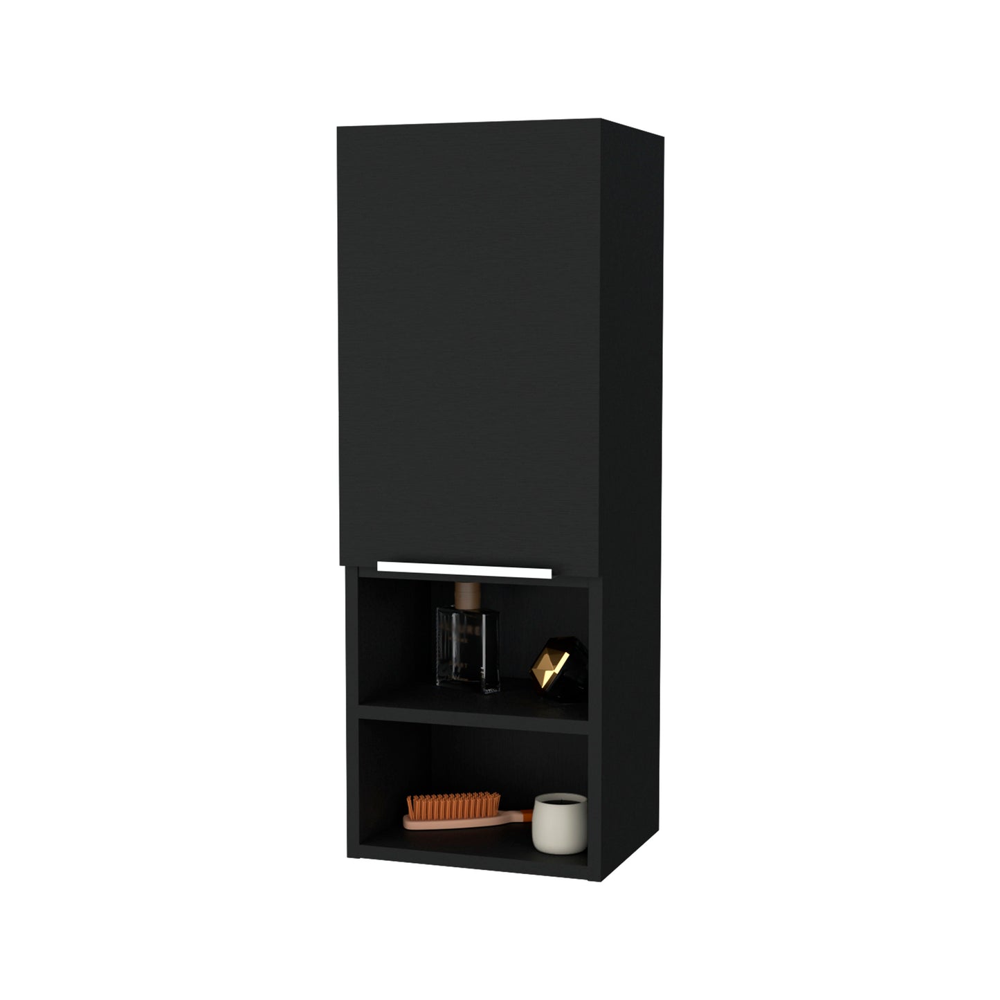 Black modern wallmounted bathroom cabinet with open shelving