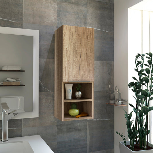 Modern wooden bathroom wall cabinet with open shelves for storage and decor