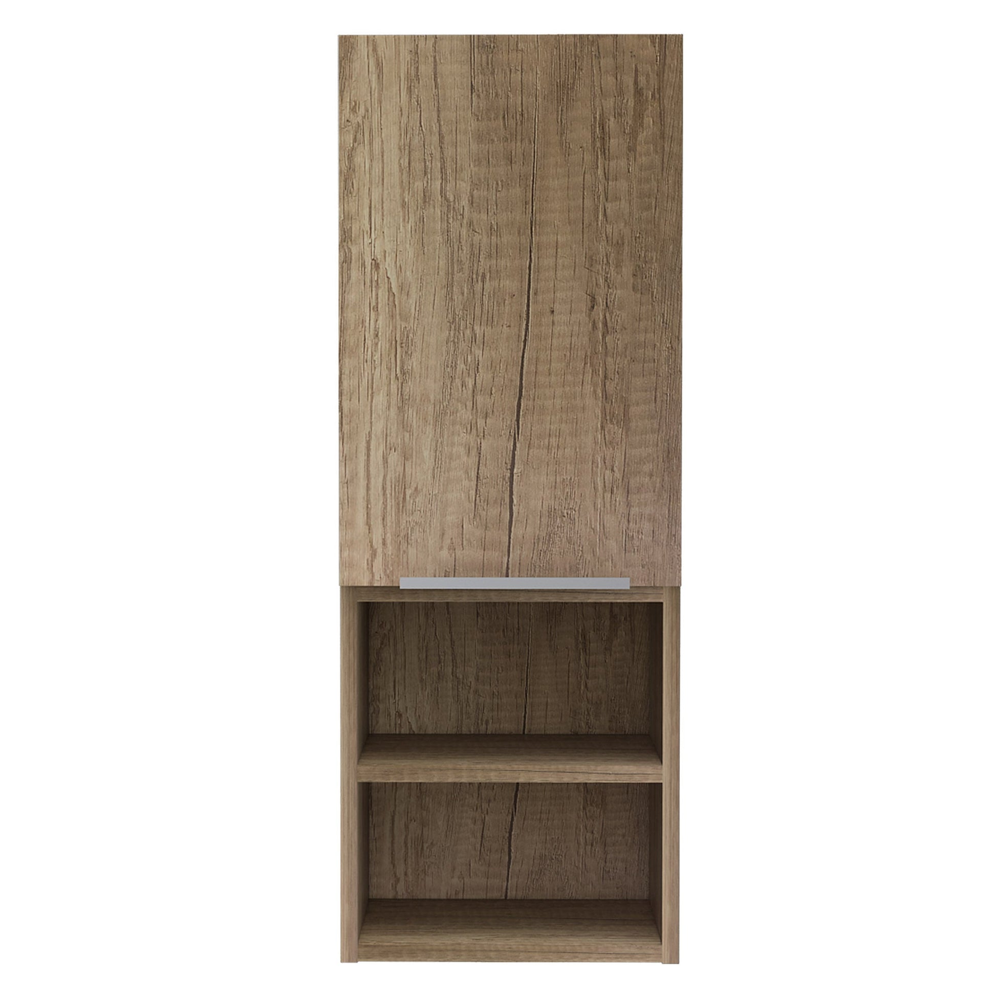 Tall narrow cabinet in oak effect finish with one door and two open shelves