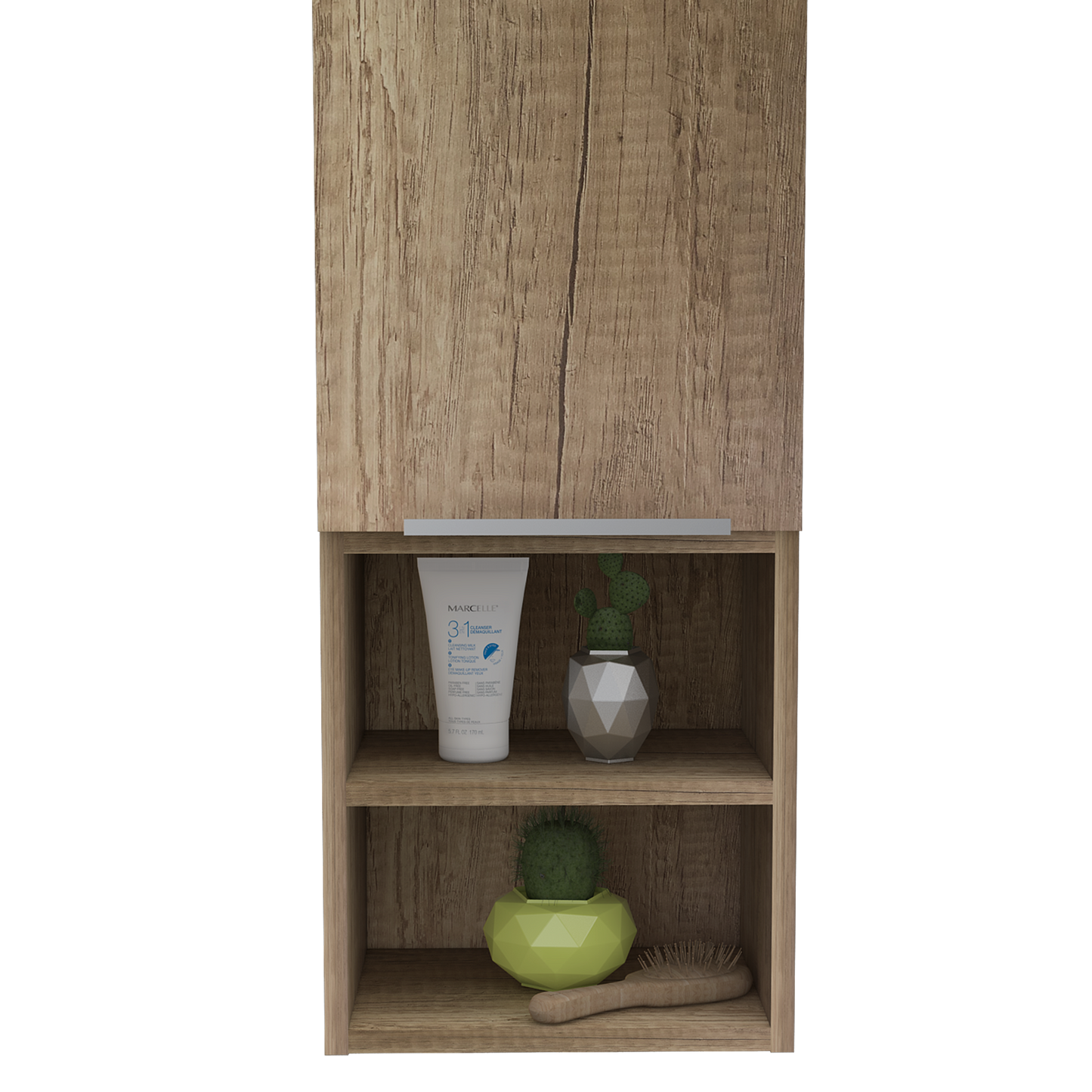 Rustic oak veneer bathroom cabinet with three shelves holding toiletries and decor