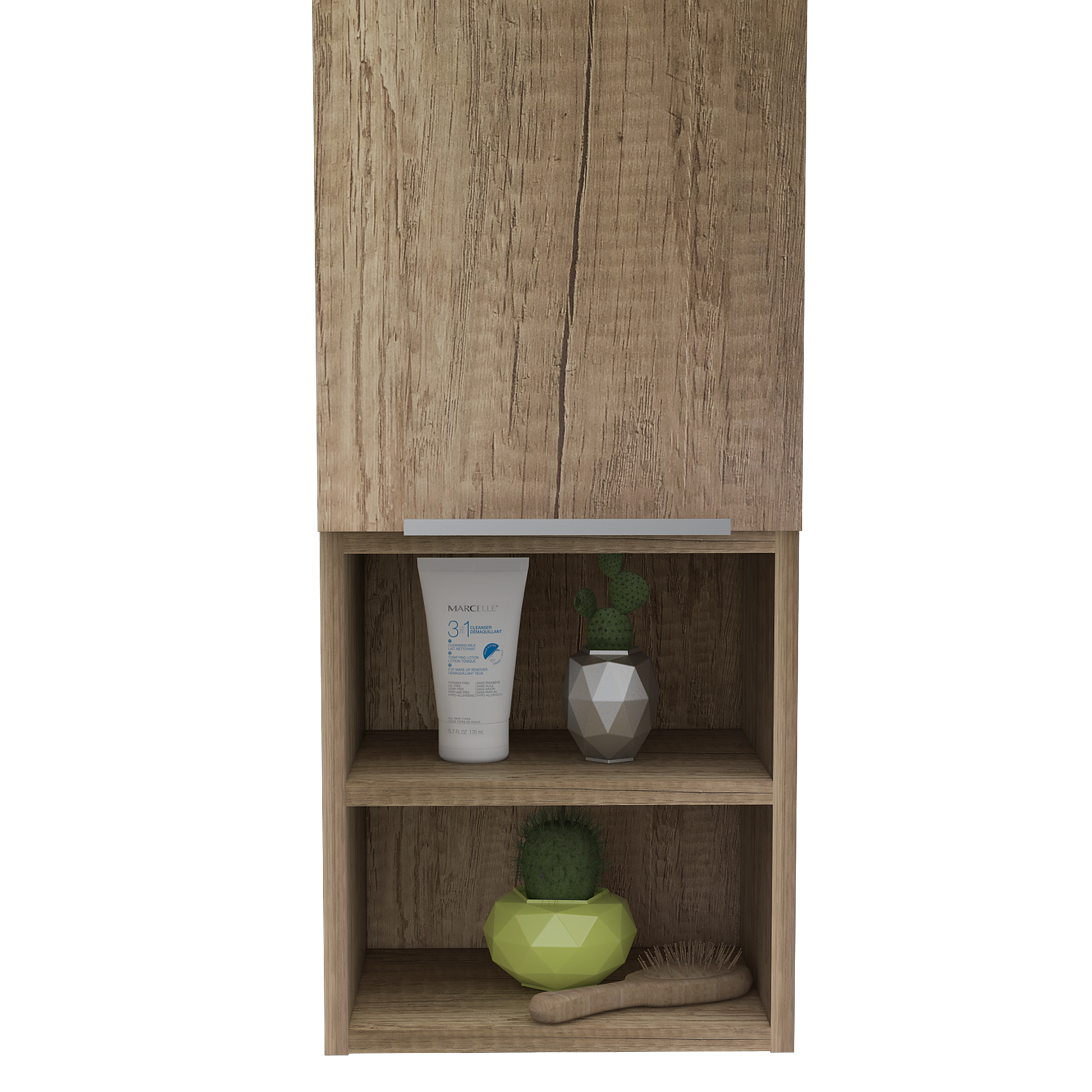 Rustic oak veneer bathroom cabinet with three shelves holding toiletries and decor
