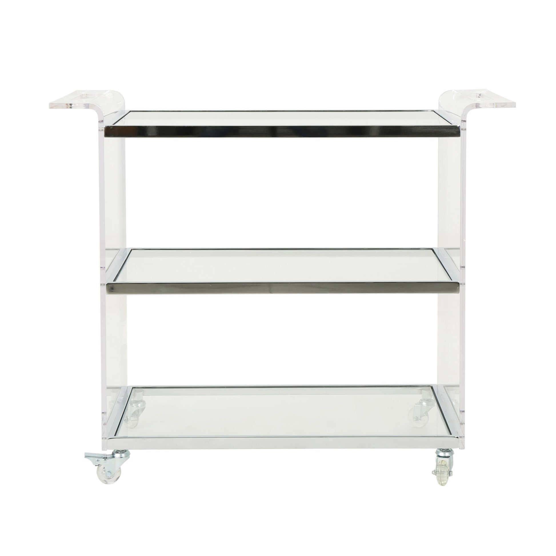 Clear acrylic bar cart with chrome accents and wheels