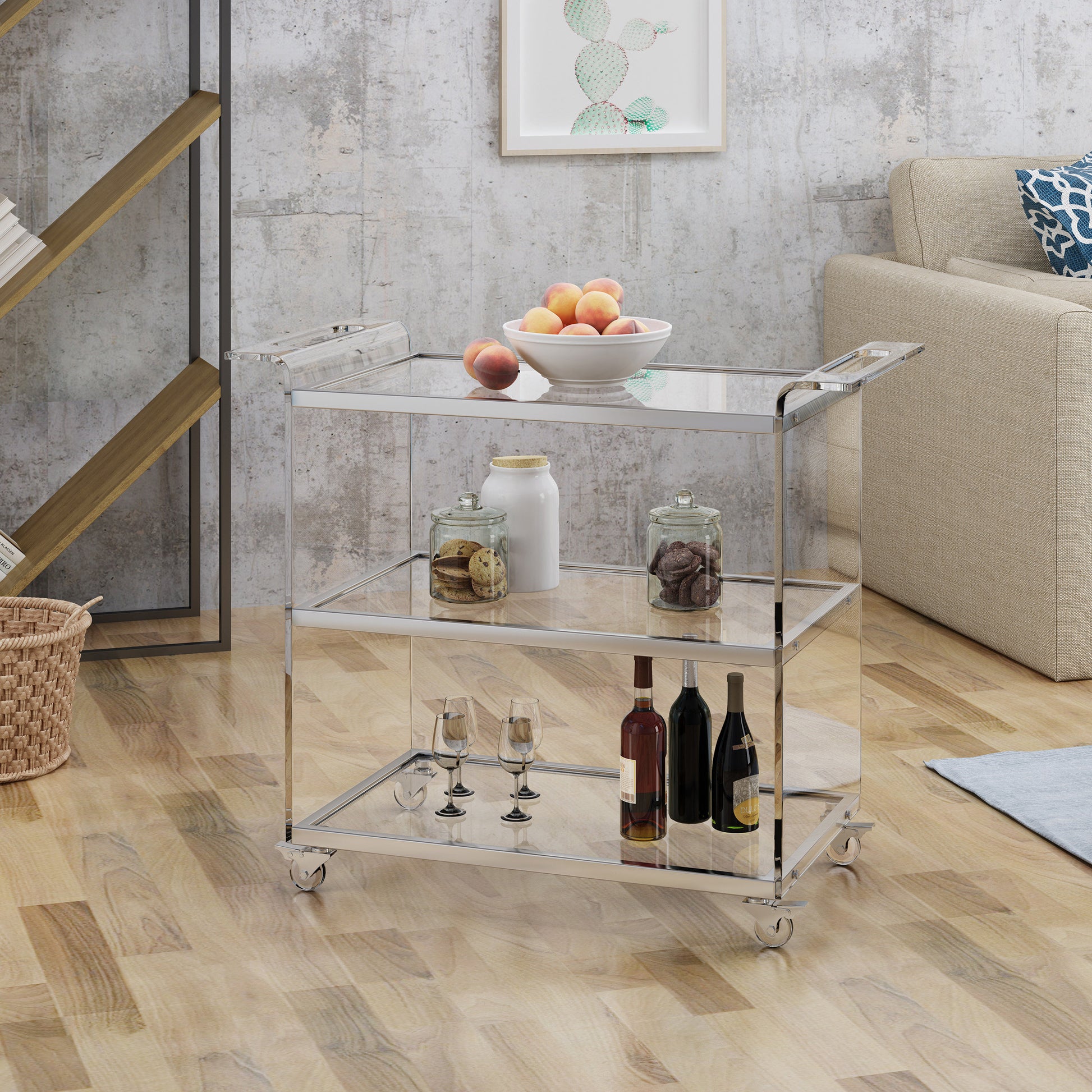 Sleek chrome and glass bar cart with wheels holding wine bottles and glasses