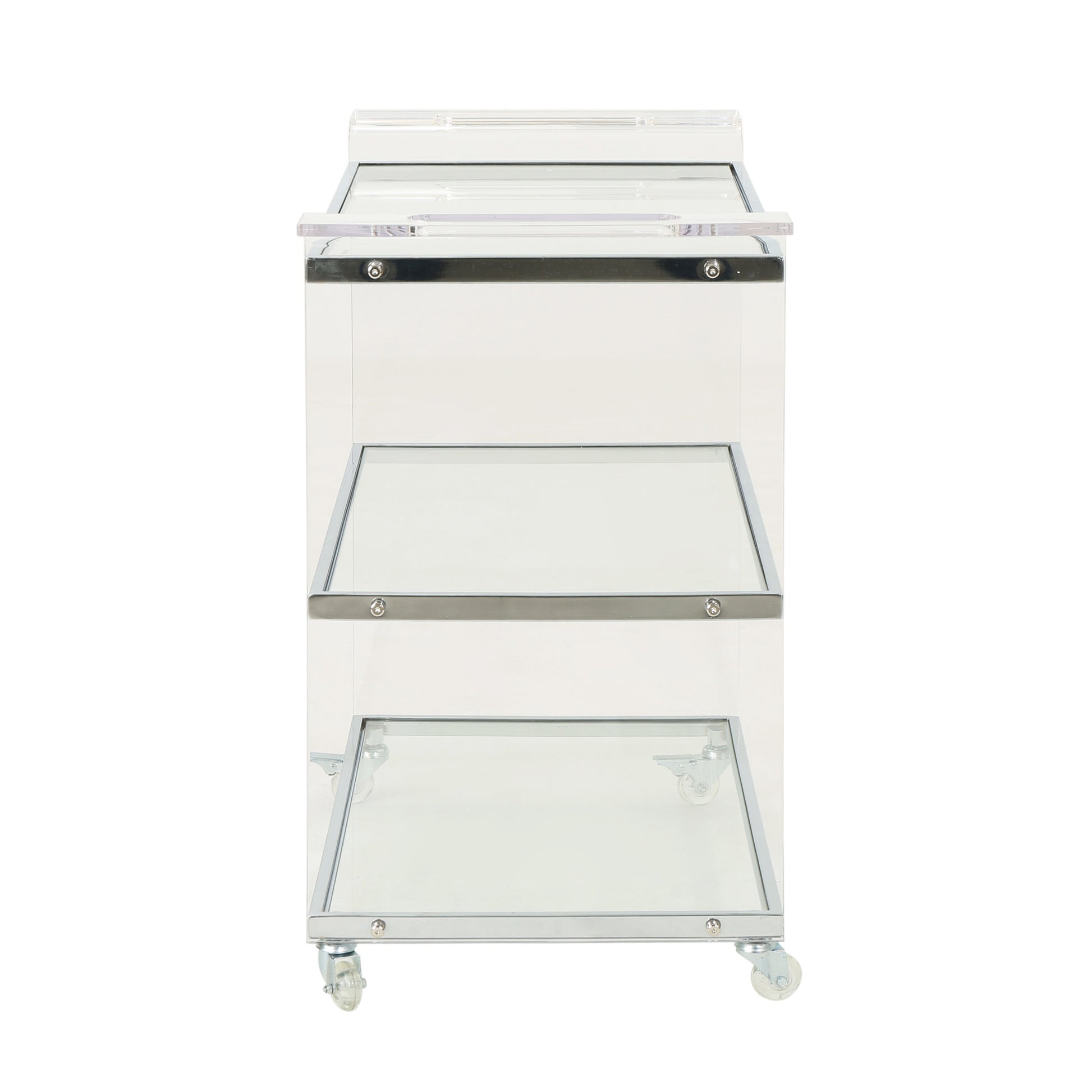 Clear acrylic serving cart with silver hardware and wheels