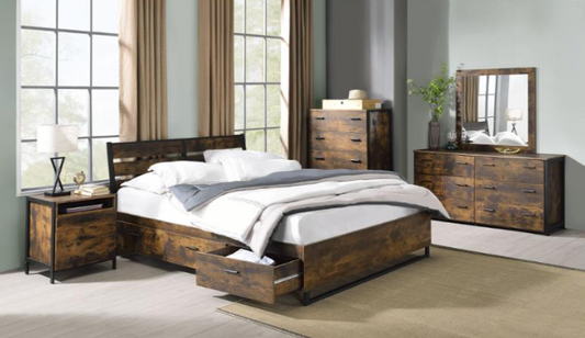 Rustic wooden bed frame with storage drawers and black metal accents