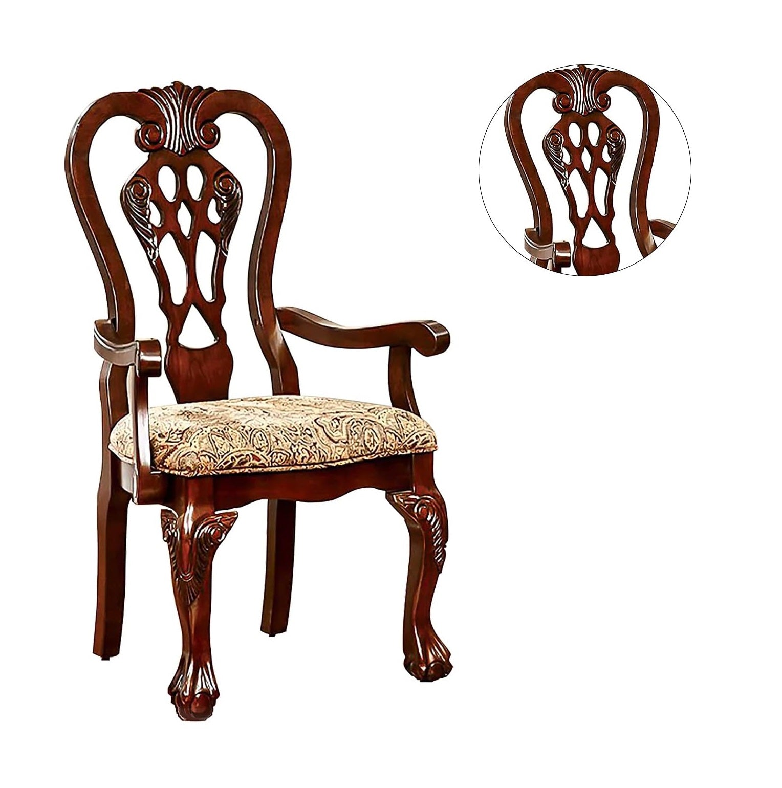 Ornate dark wood dining chair with upholstered patterned seat and claw feet