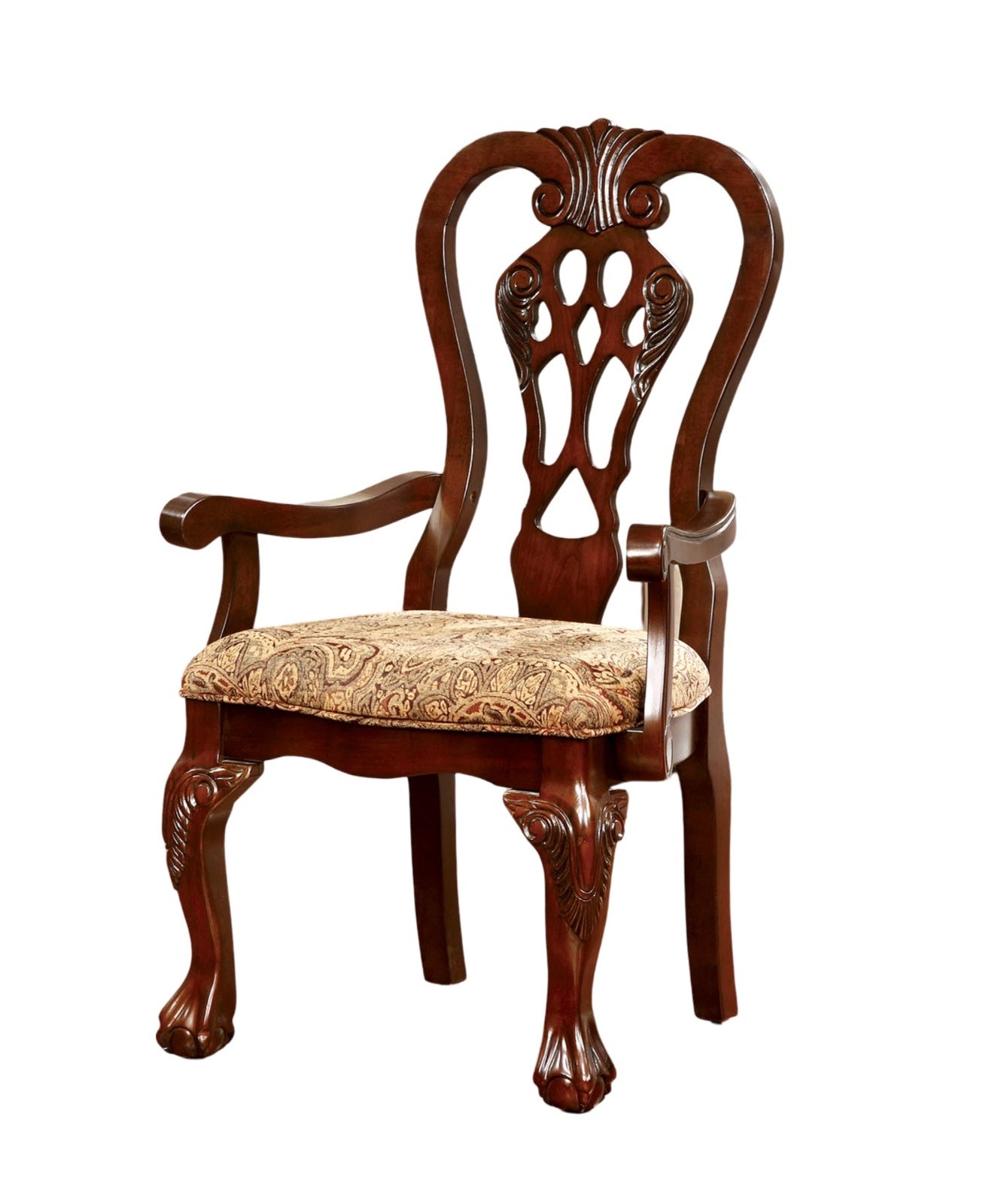 Dark wood dining chair with ornate carved back and patterned upholstered seat
