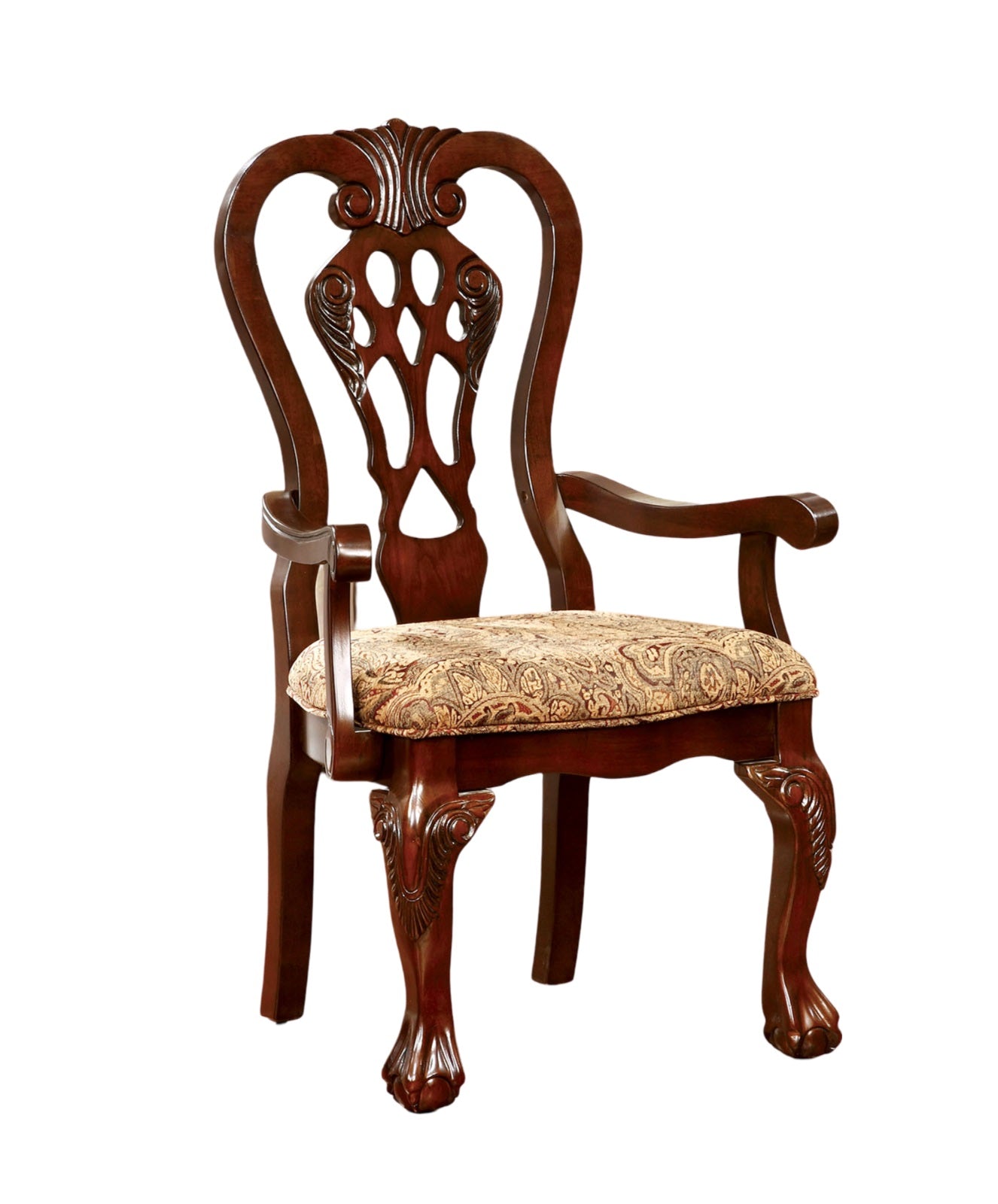 Ornate dark wood dining chair with carved backrest and patterned upholstered seat