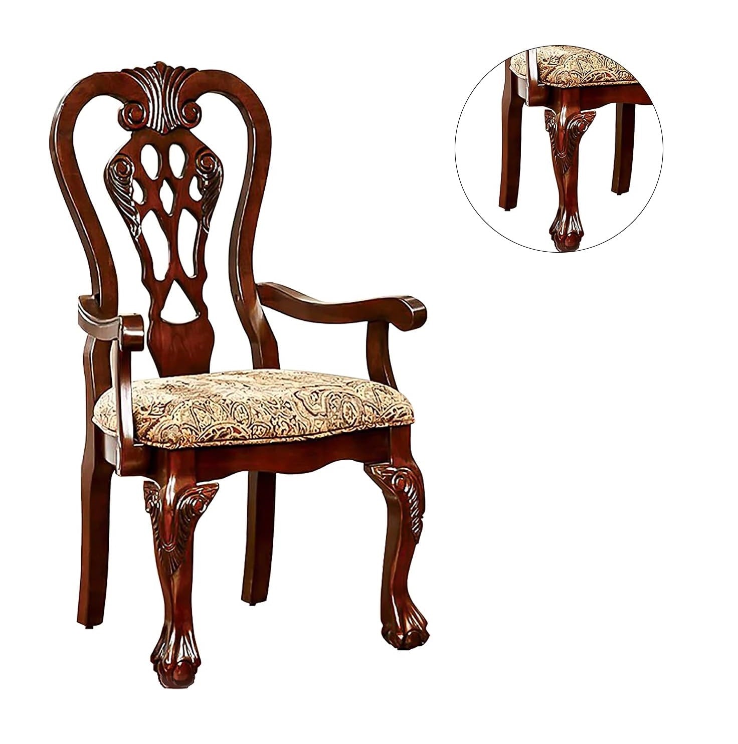 Traditional dark wood dining chair with ornate carved details and upholstered seat