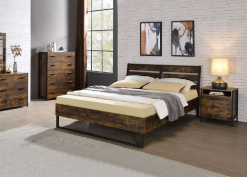 Rustic brown wood platform bed with metal frame and beige mattress