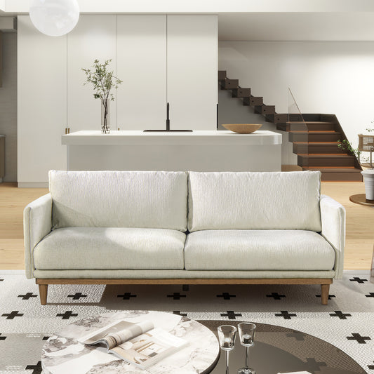 Comfortable offwhite textured fabric sofa with wooden legs for living room seating