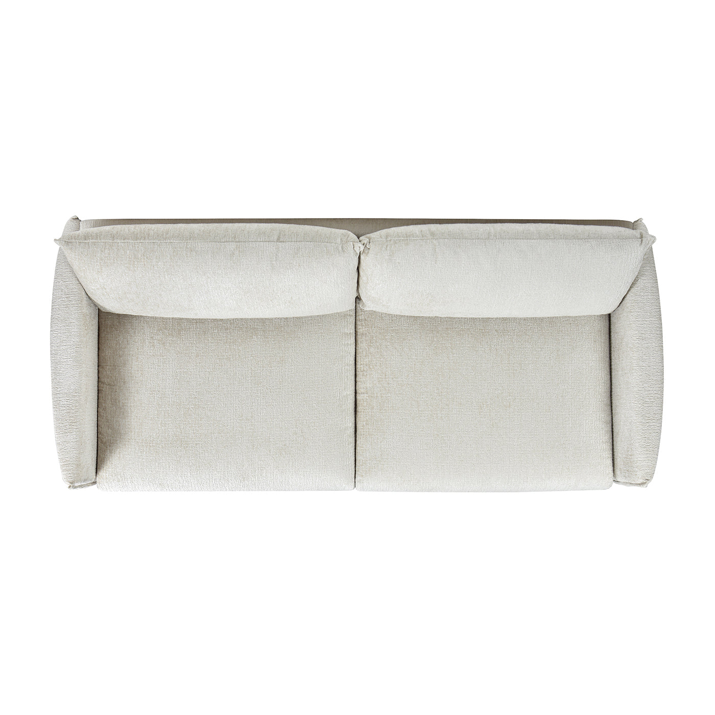 Top view of a modern light beige fabric sofa with plush cushions and rolled arms