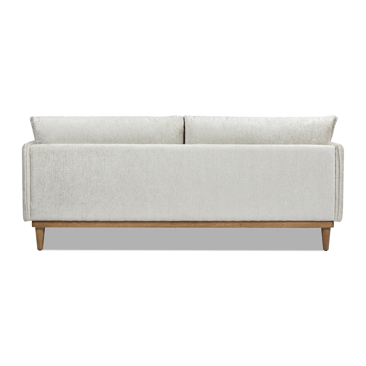 Minimalist beige fabric sofa with clean lines and tapered wooden legs