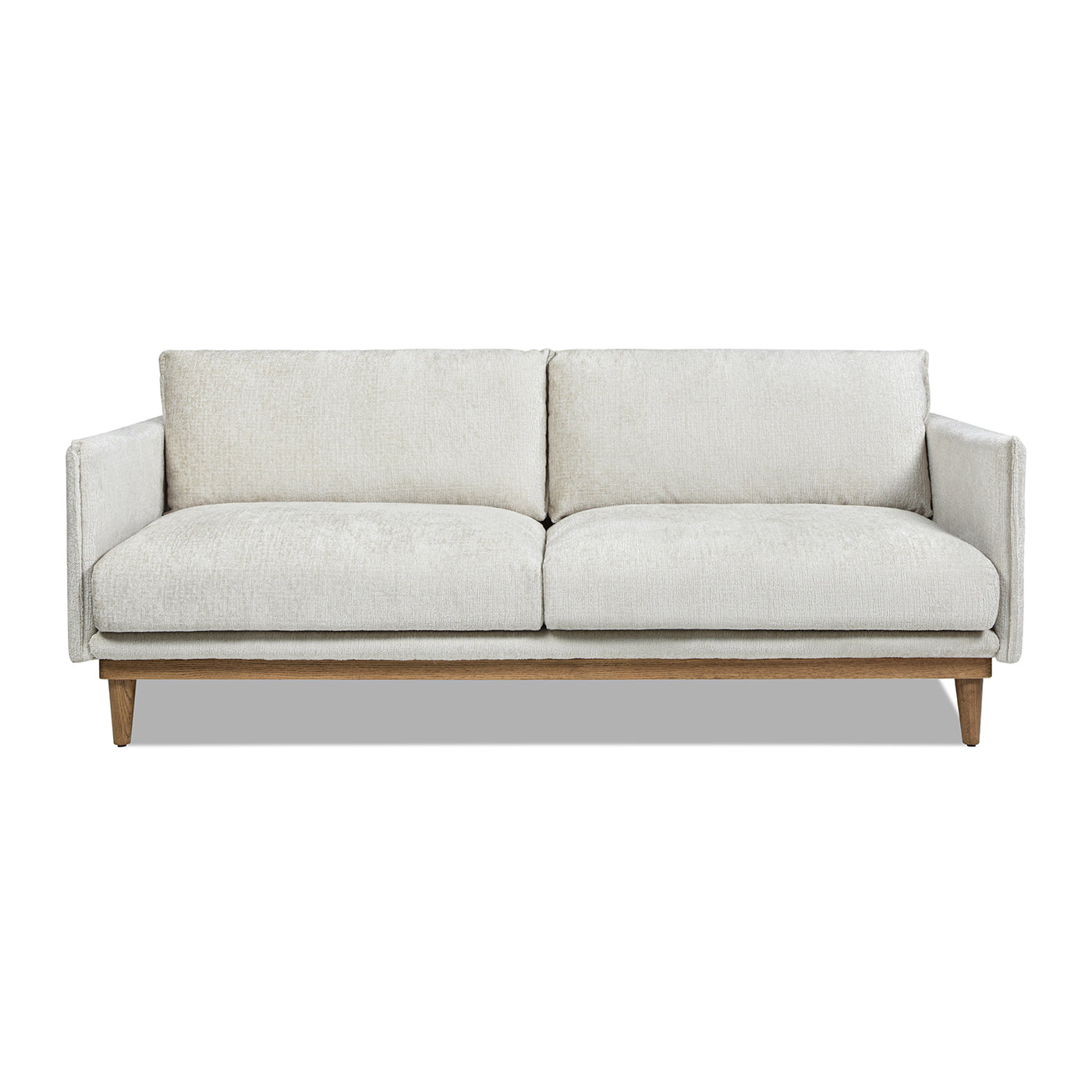 Modern beige fabric sofa with natural wood base and legs ideal for living rooms