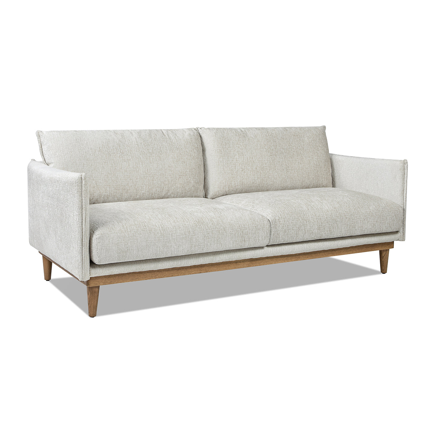 Light grey textured fabric sofa with a wooden base and angled legs