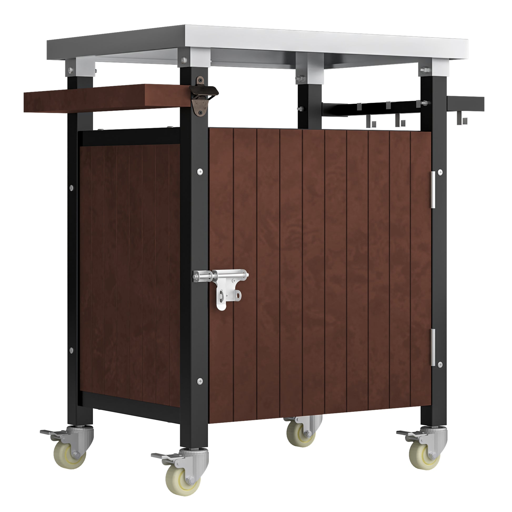 Stainless steel top outdoor kitchen cart with dark wood siding