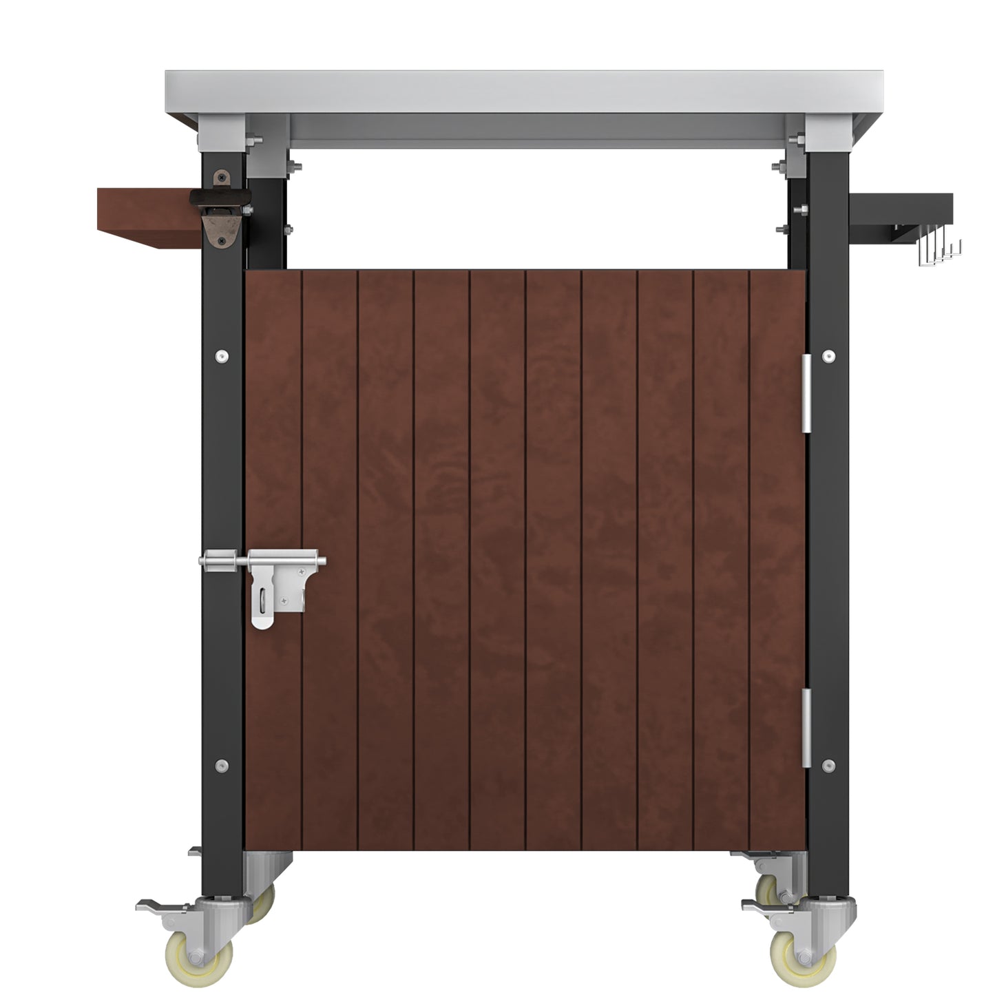 Rolling bar cart with brown wood panels and silver accents