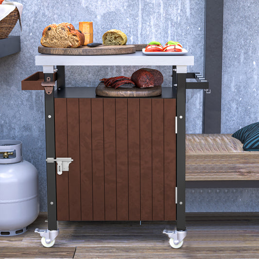 Brown wood paneled outdoor kitchen cart with wheels and prep surface