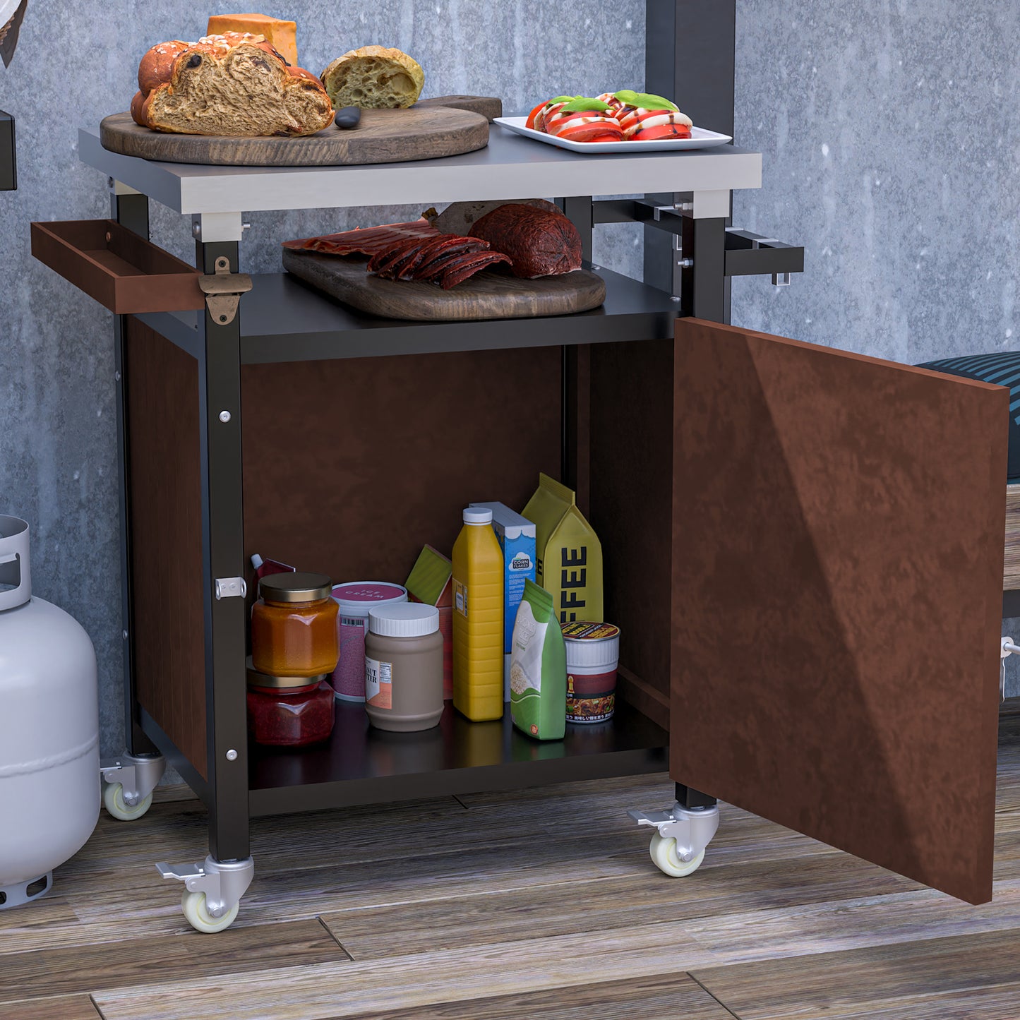 Compact utility cart with wheels and storage cabinet holding various groceries