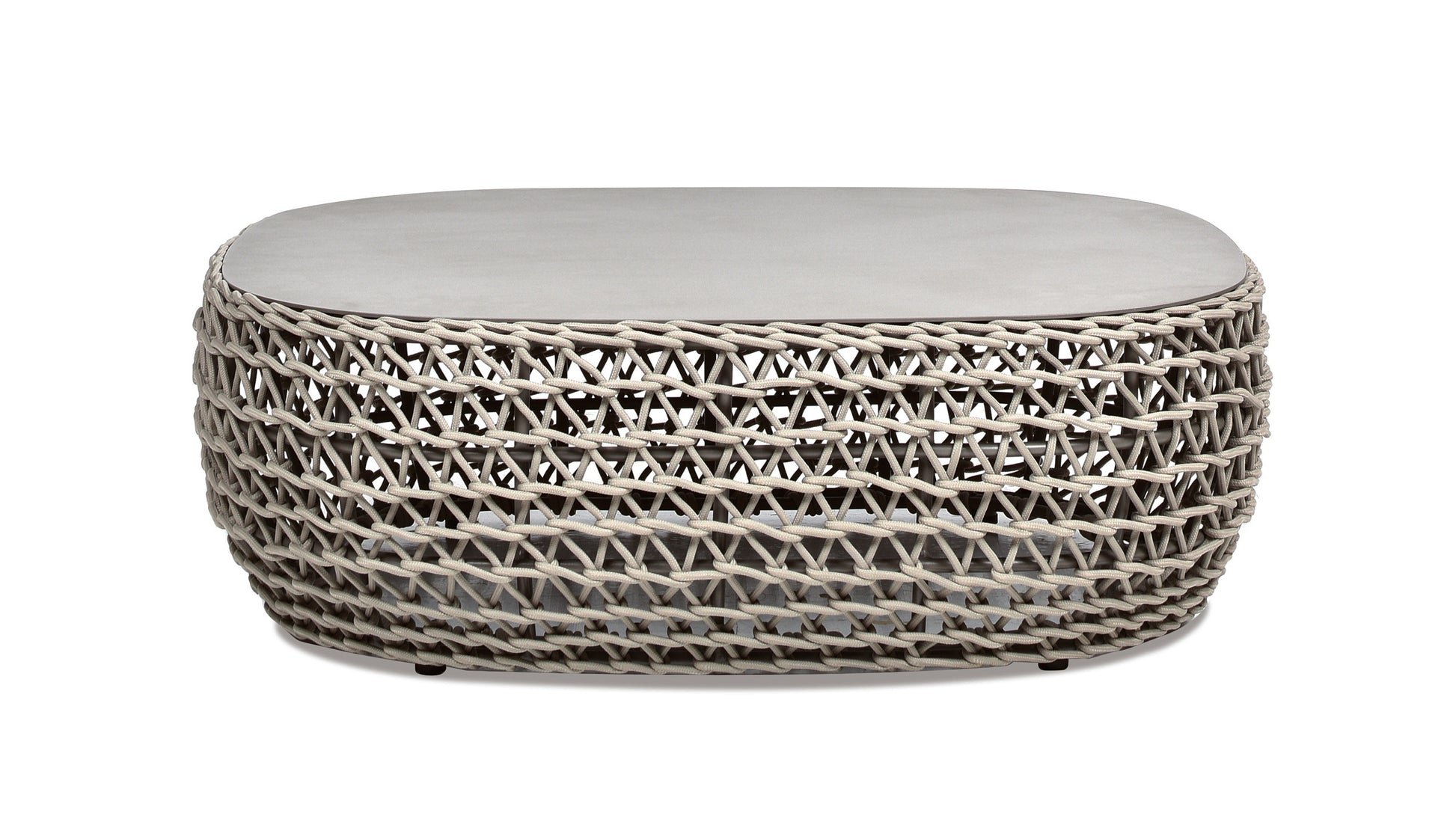 Grey concrete top coffee table with woven rope base modern patio furniture