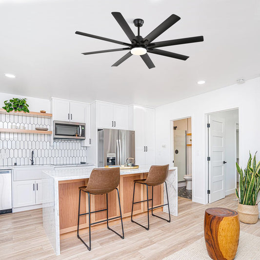 Modern black ceiling fan with  blades and integrated LED light fixture
