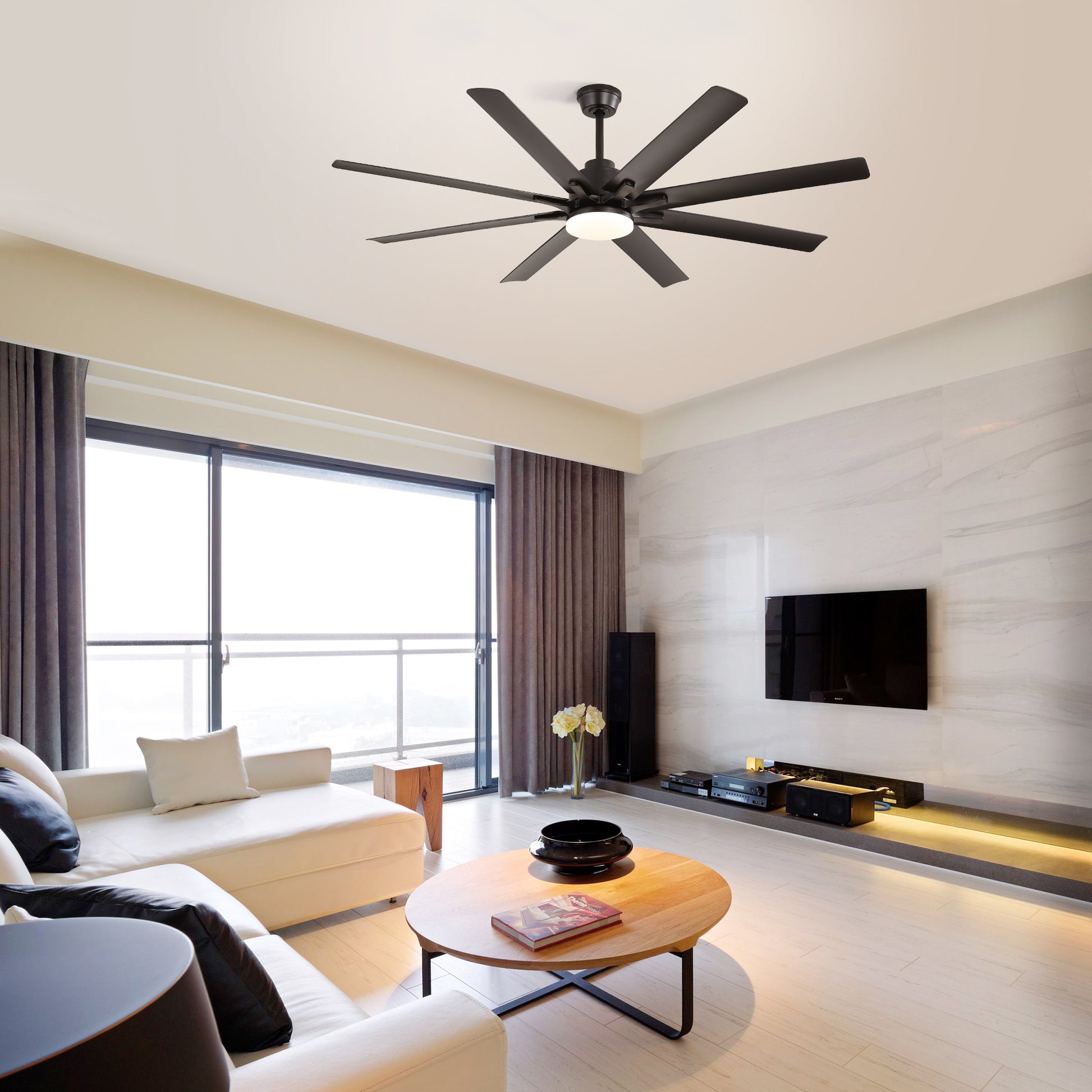 Modern dark bronze blade ceiling fan with integrated LED light for living room