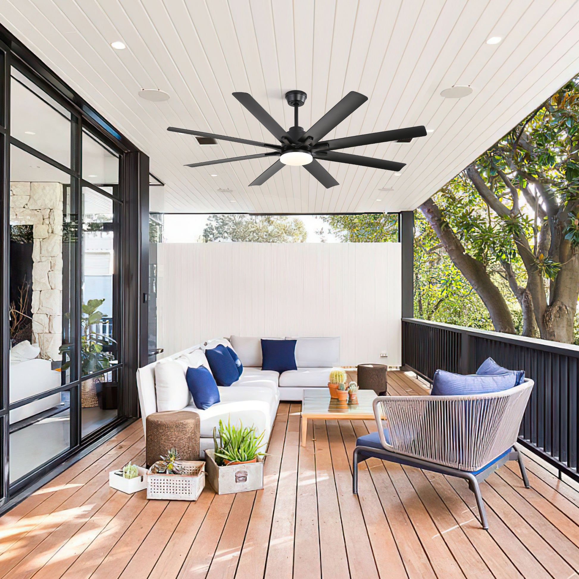 Matte black blade outdoor ceiling fan with integrated LED light fixture