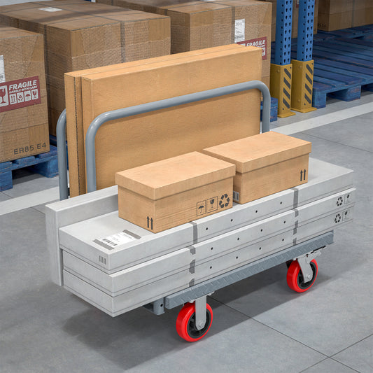Gray industrial cart with two cardboard boxes and flat panel item