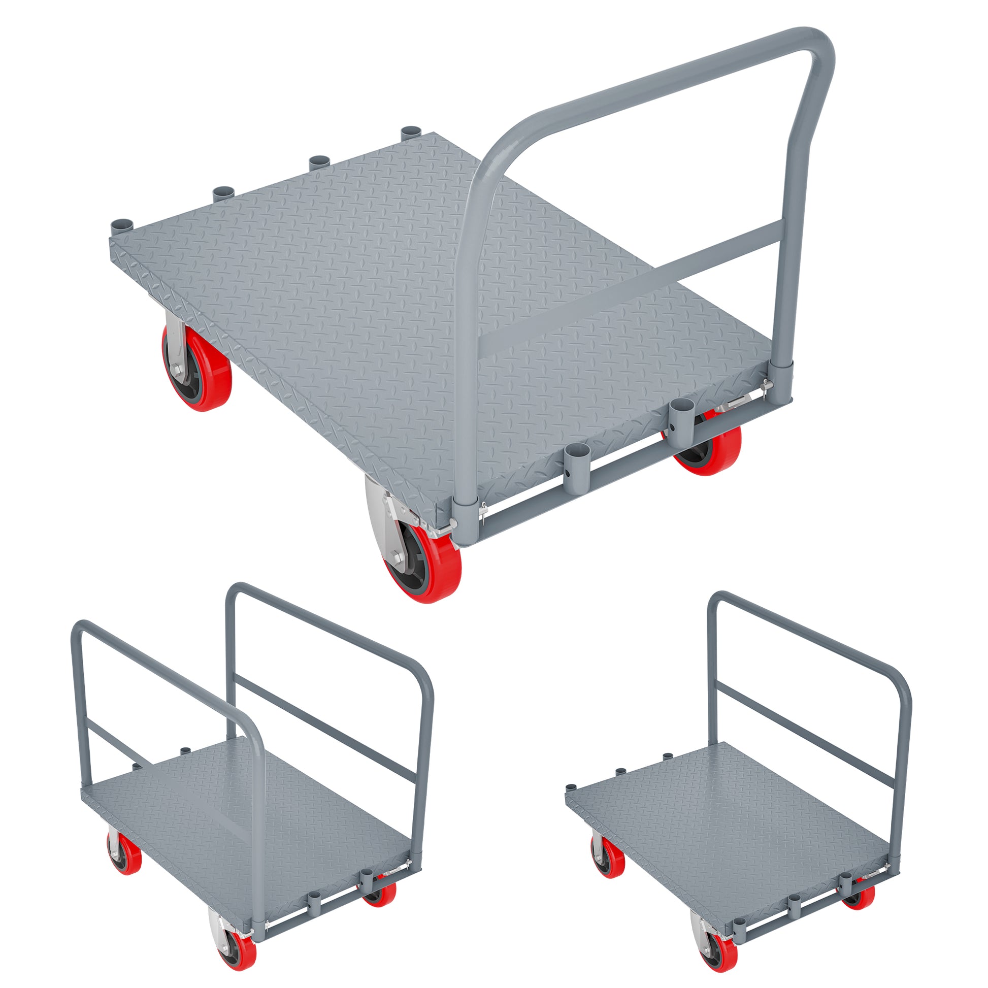 Gray diamond plate folding utility cart with red wheels for moving goods