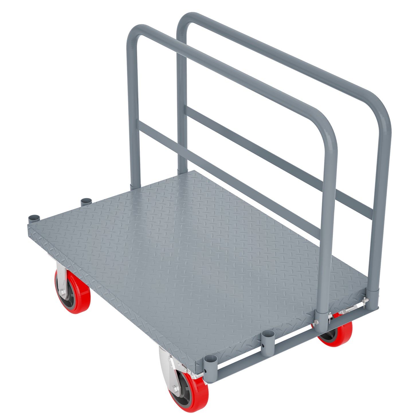 Heavyduty gray steel utility cart with diamond plate deck and red swivel casters for moving goods