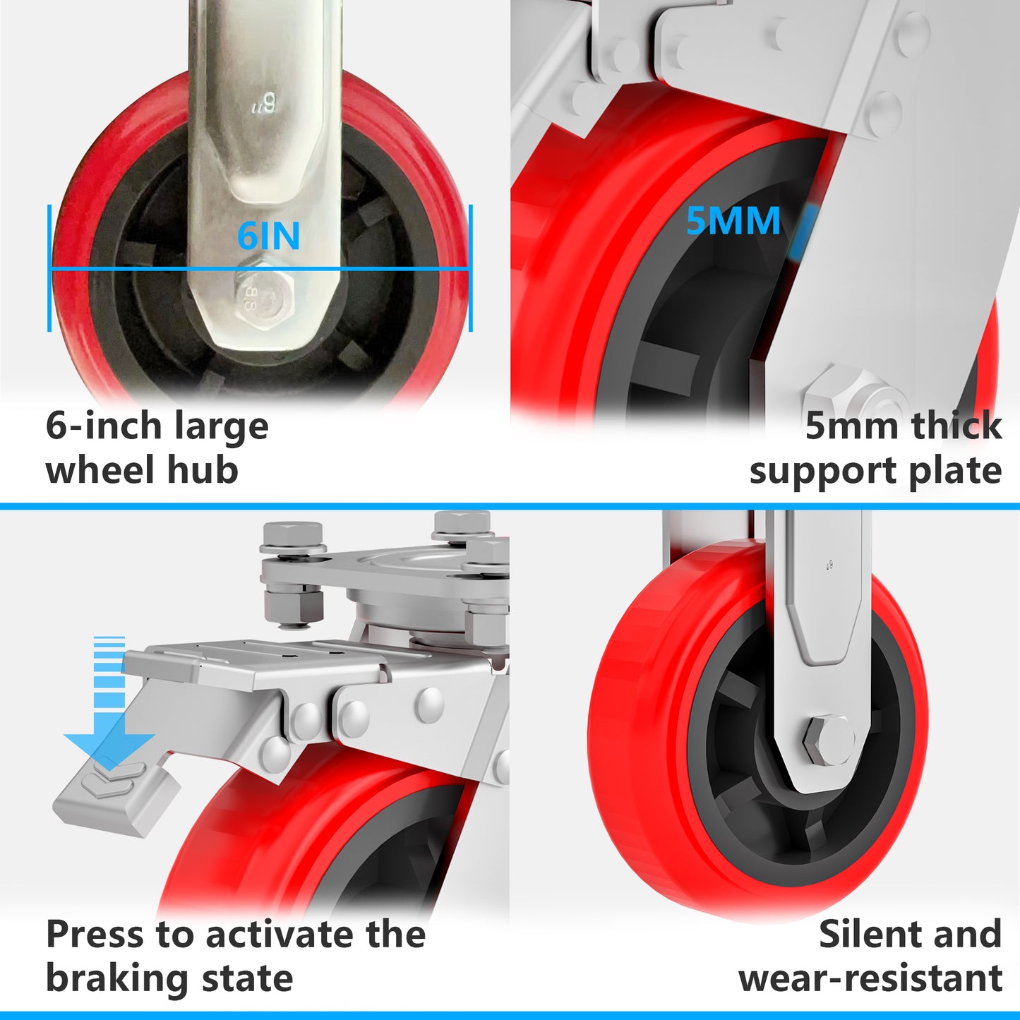 Red inch heavyduty caster wheel with durable metal fork and large hub