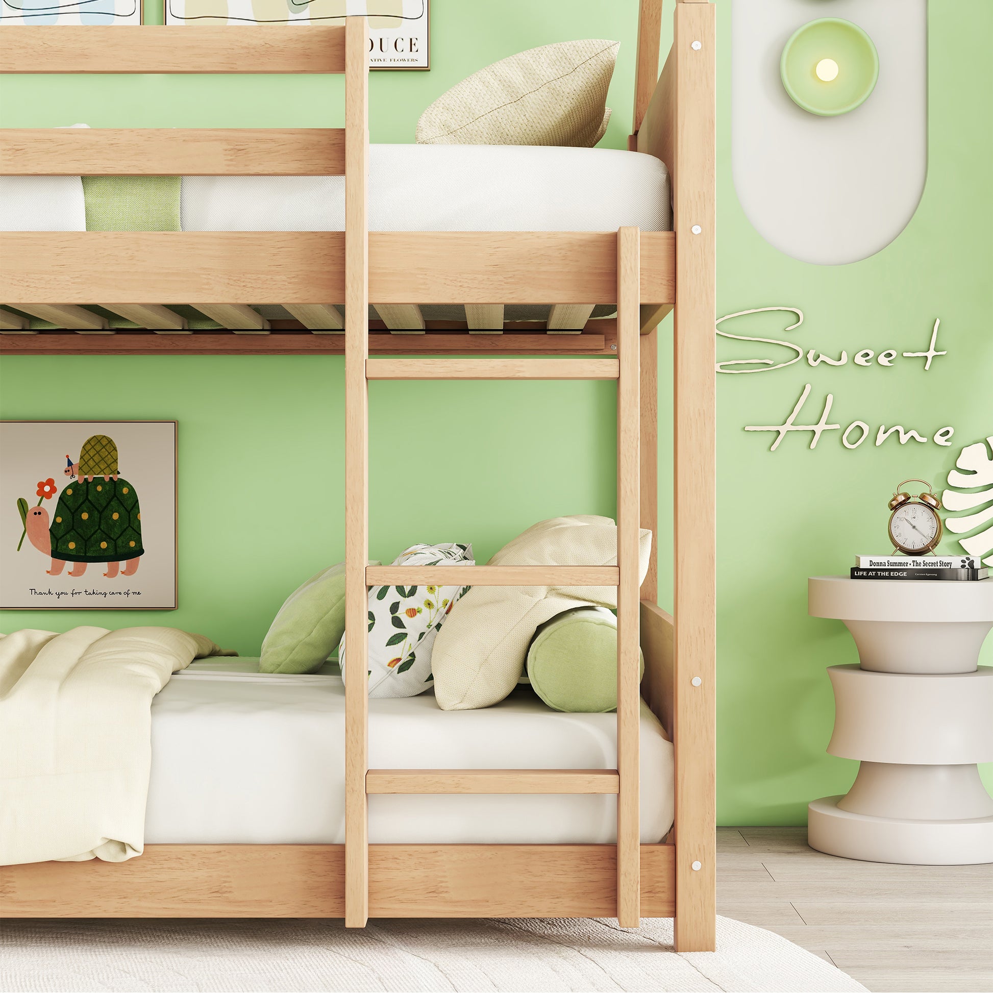 Natural wood twin bunk bed with white bedding and decorative pillows