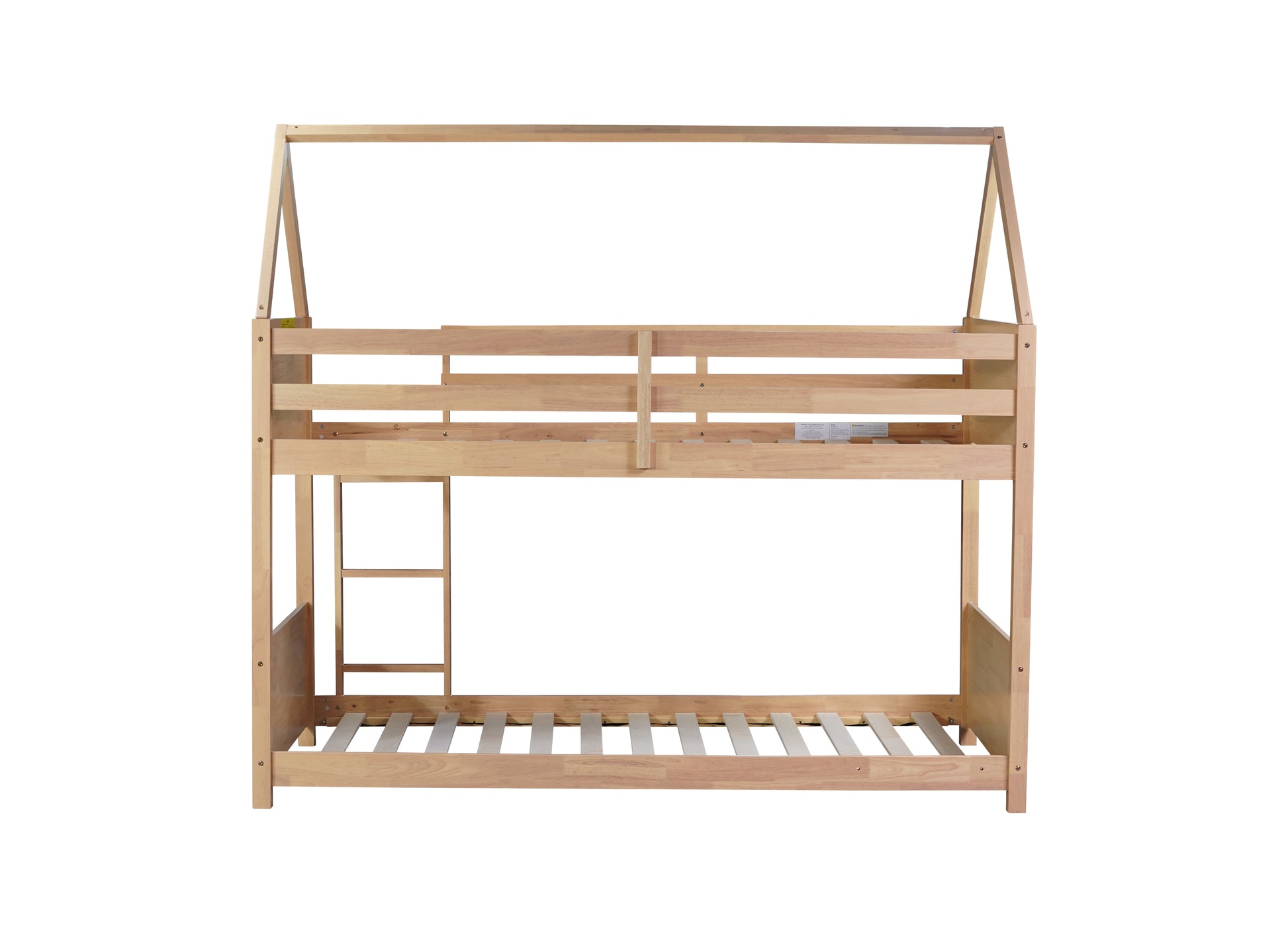 Natural wood twin over twin bunk bed with ladder and house frame top
