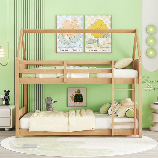 Natural wood twin over twin bunk bed with ladder and bedding