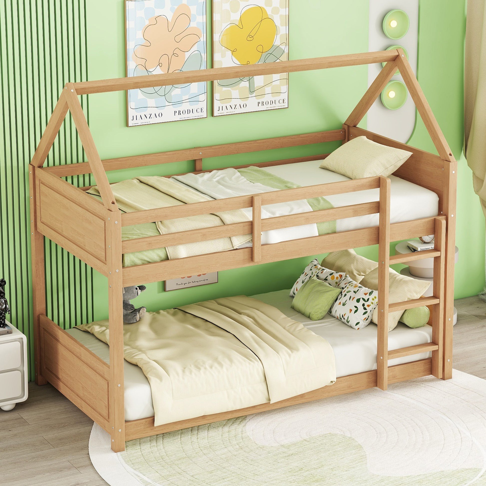 Solid wood bunk bed with house frame natural finish and ladder for kids
