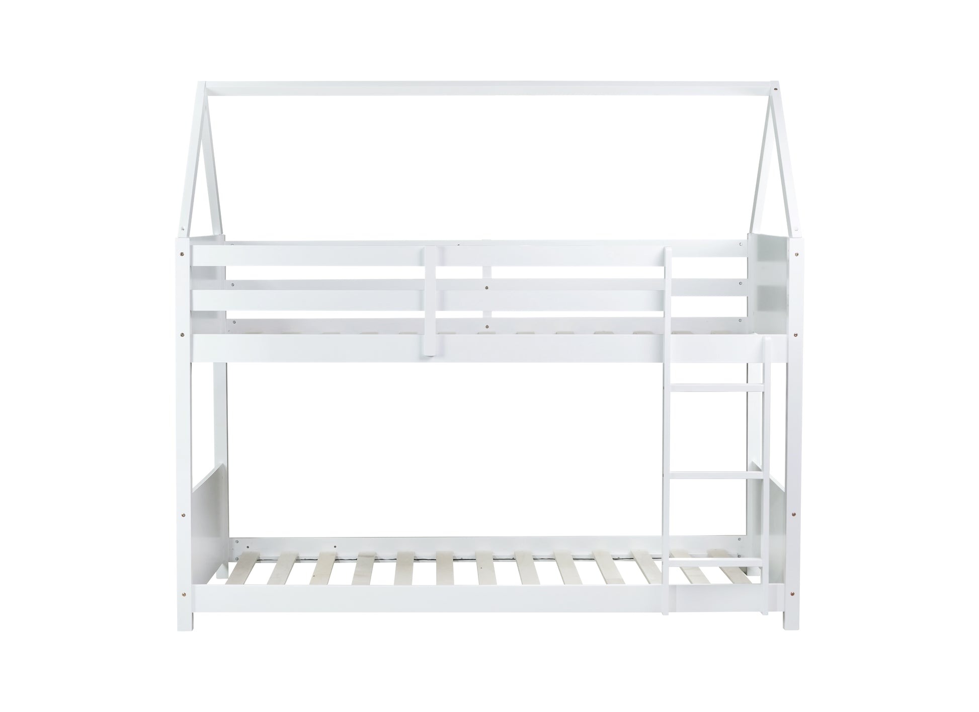 White wooden twin over twin bunk bed with a houseshaped frame perfect for kids bedrooms