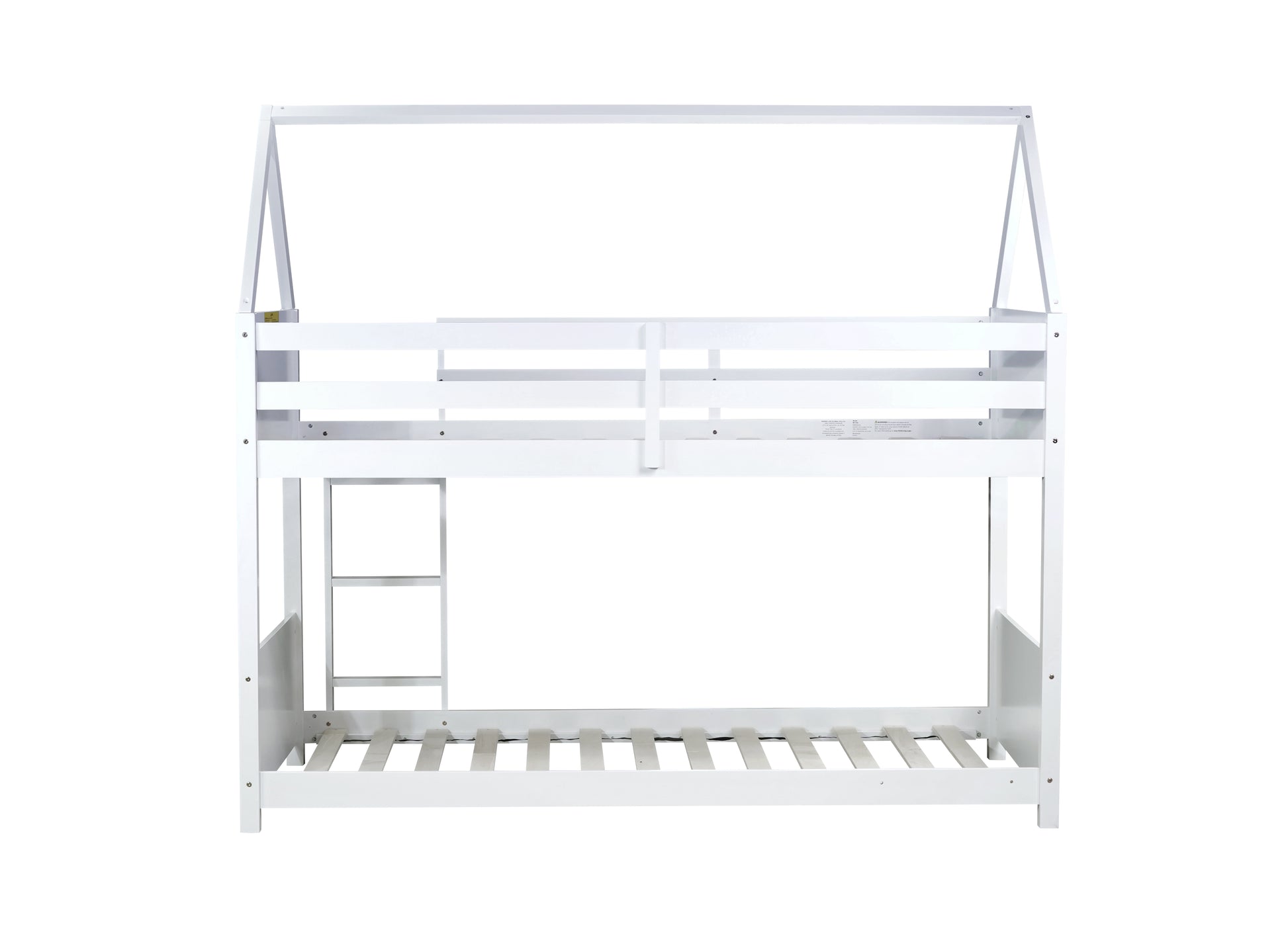 White wooden bunk bed with house frame design and builtin ladder
