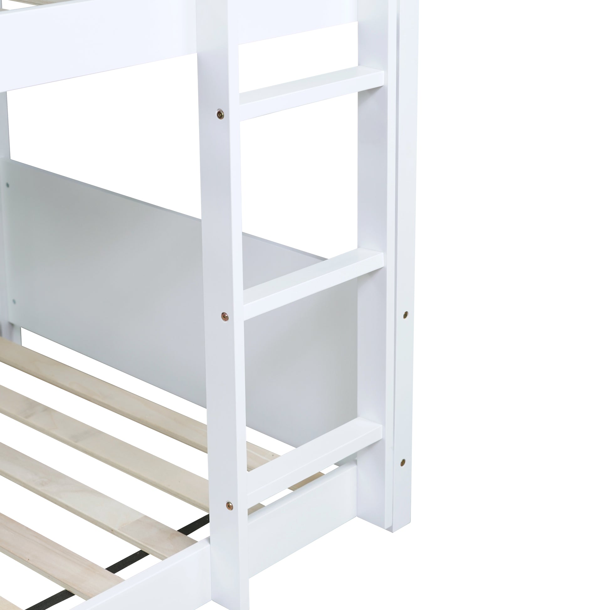 Close up of white wooden bunk bed frame with slatted base and ladder detail